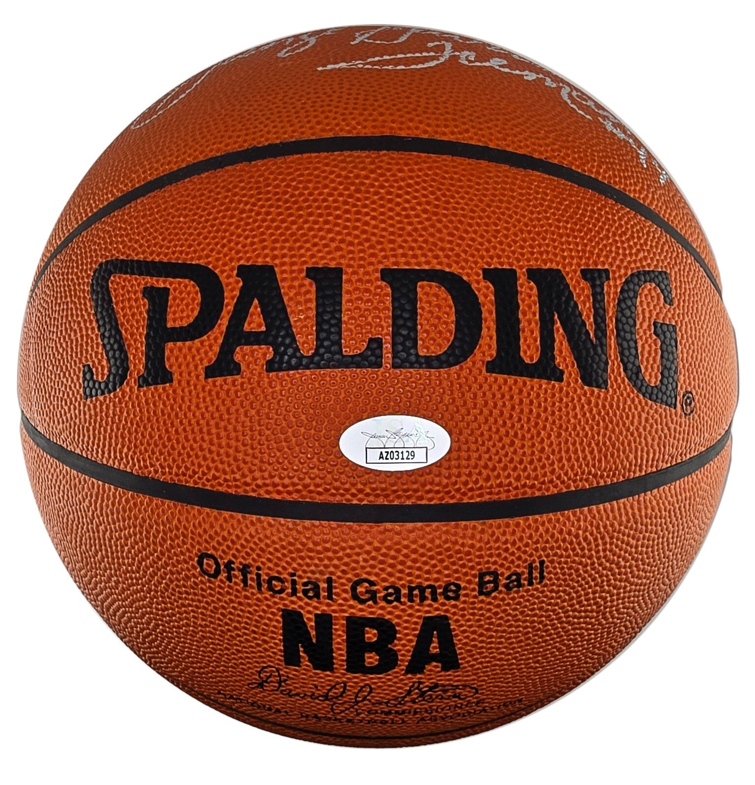 George Gervin & James Worthy Signed & Inscribed Basketball. JSA COA1