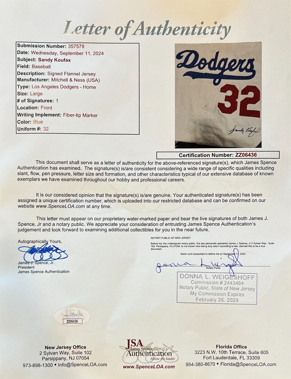 Sandy Koufax Autographed Home Jersey. JSA