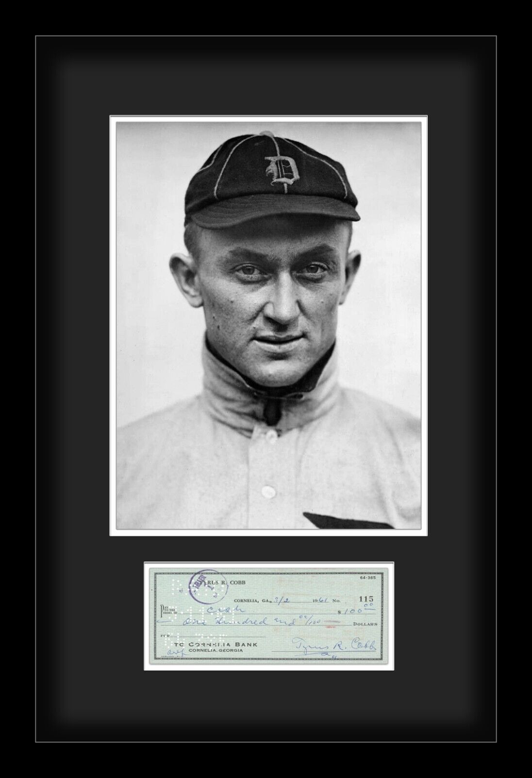 Ty Cobb Signed Check Autograph Display. Auto JSA