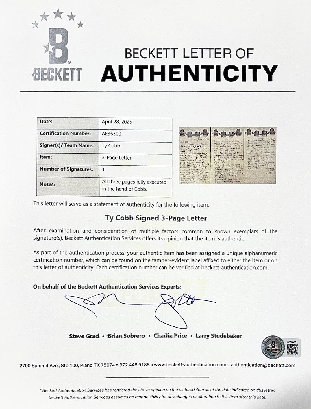 Ty Cobb Handwritten & Signed Autograph Letter. ALS Auto Beckett BAS5