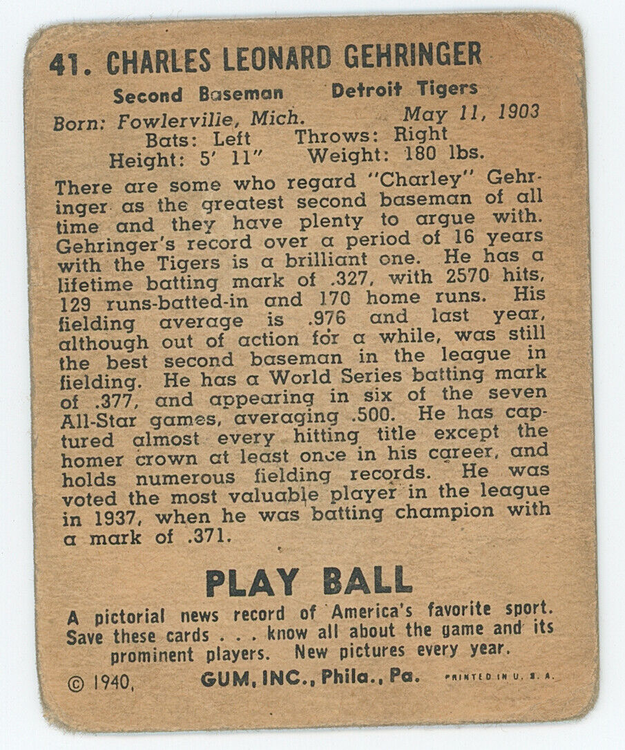 1940 Playball Charley Gehringer .