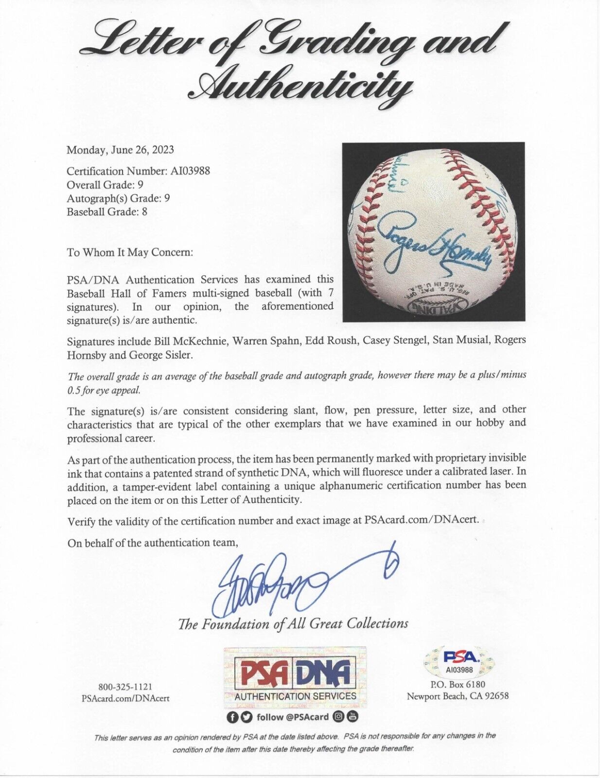 7 Hall of Famers Signed Baseball. Rogers Hornsby & George Sisler. PSA 9