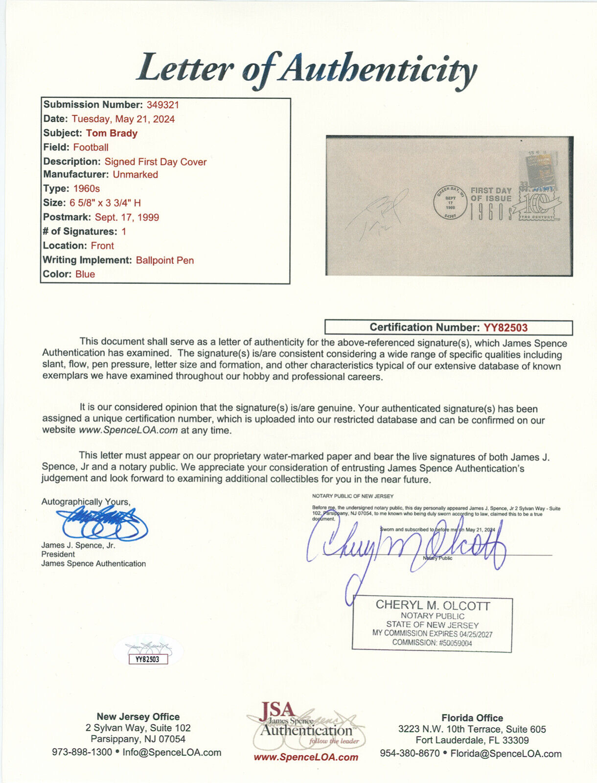 Tom Brady Signed First Day Cover, Rookie Style Signature Autograph. Auto JSA