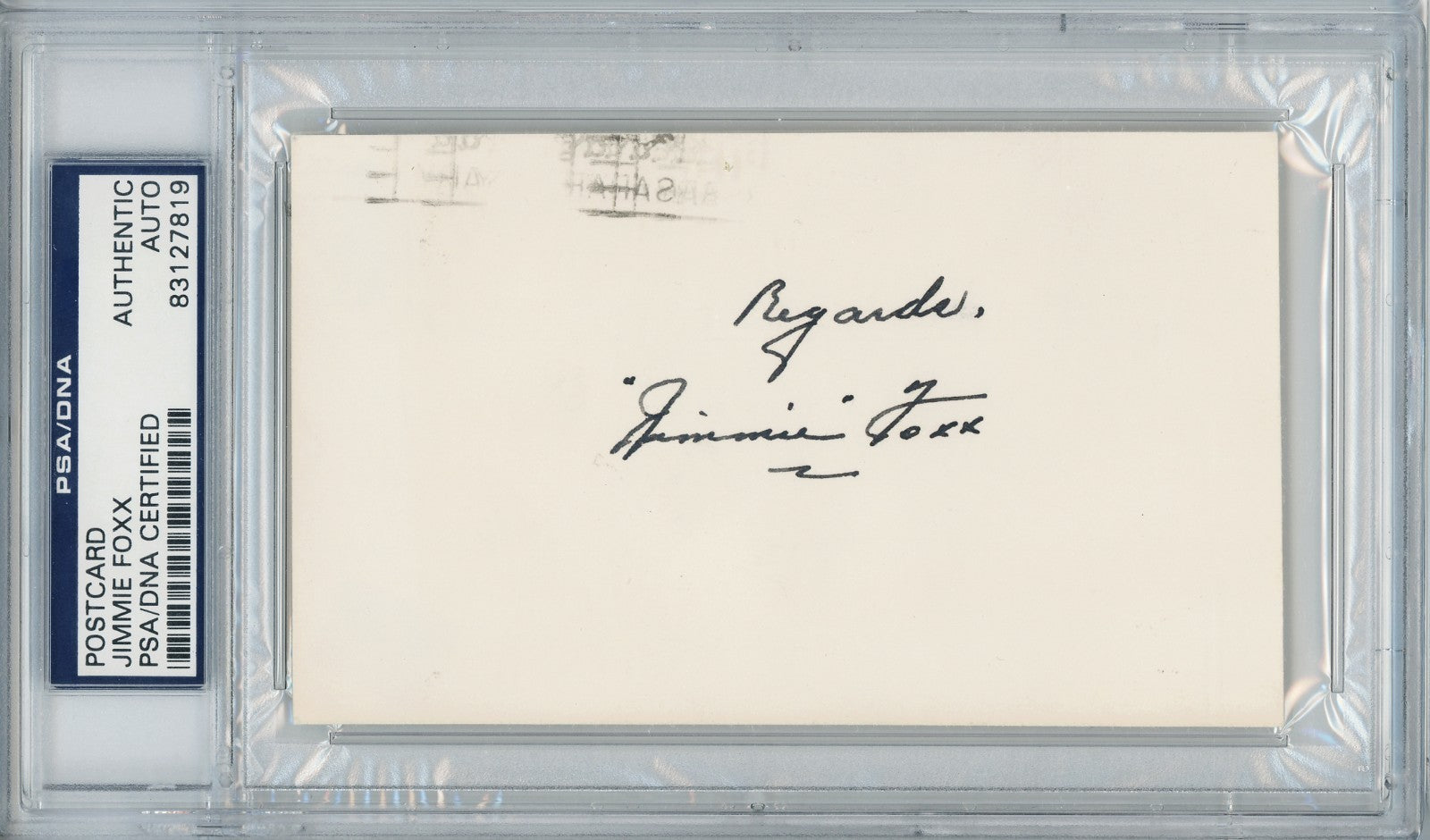 Jimmie Foxx Signed 1967 Government Postcard, Autograph GPC. Auto PSA1