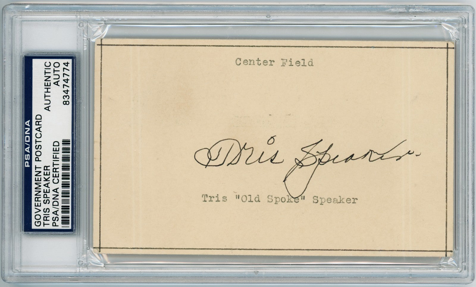 Tris Speaker Signed 1949 Government Postcard, GPC. PSA1