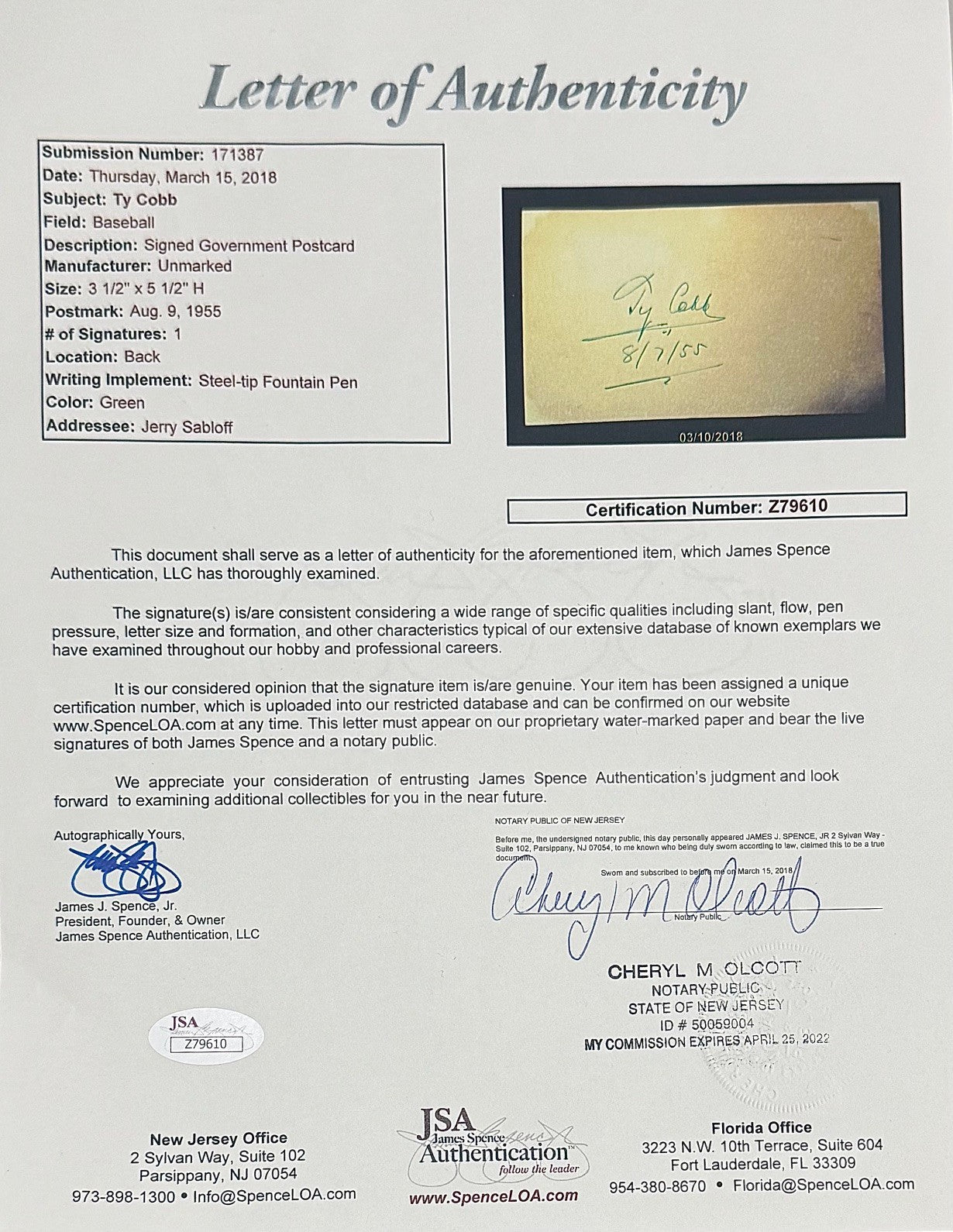 Ty Cobb Signed 1955 Government Postcard. Autograph GPC. Auto Grade 7 PSA3