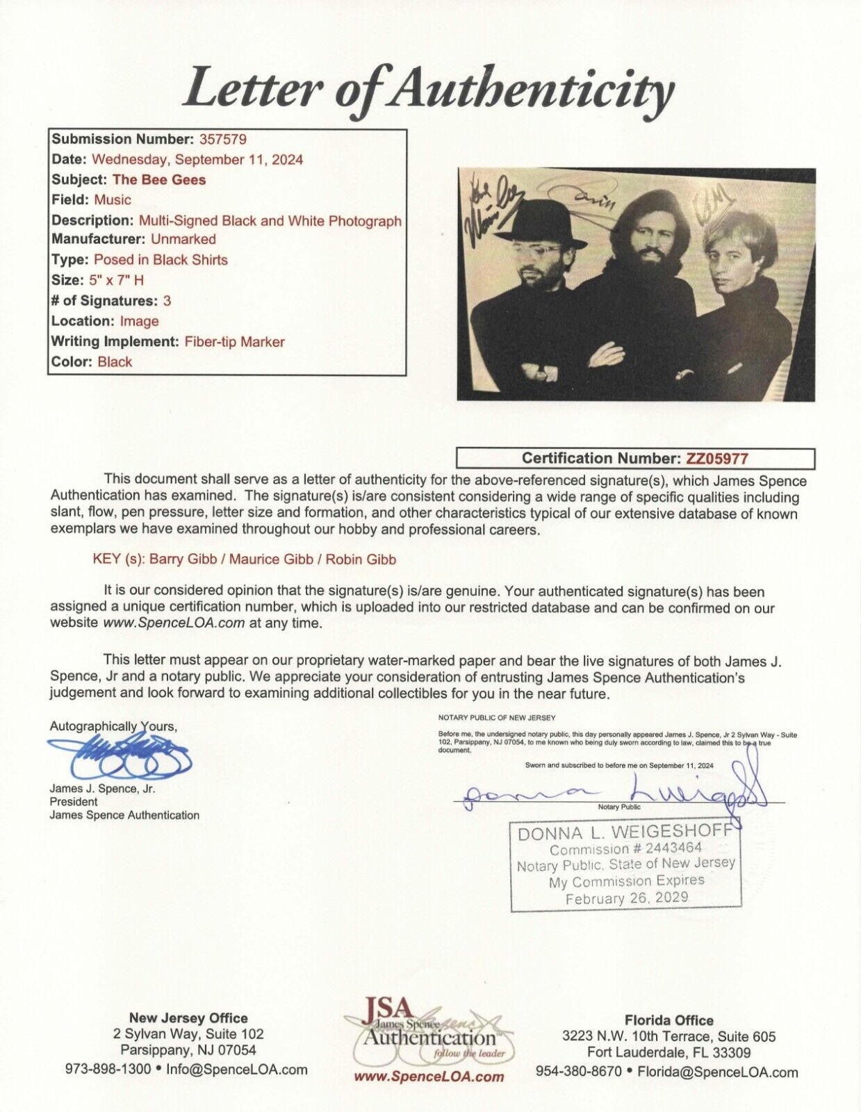 Bee Gees Signed Photo. Barry, Robin & Maurice. JSA LOA