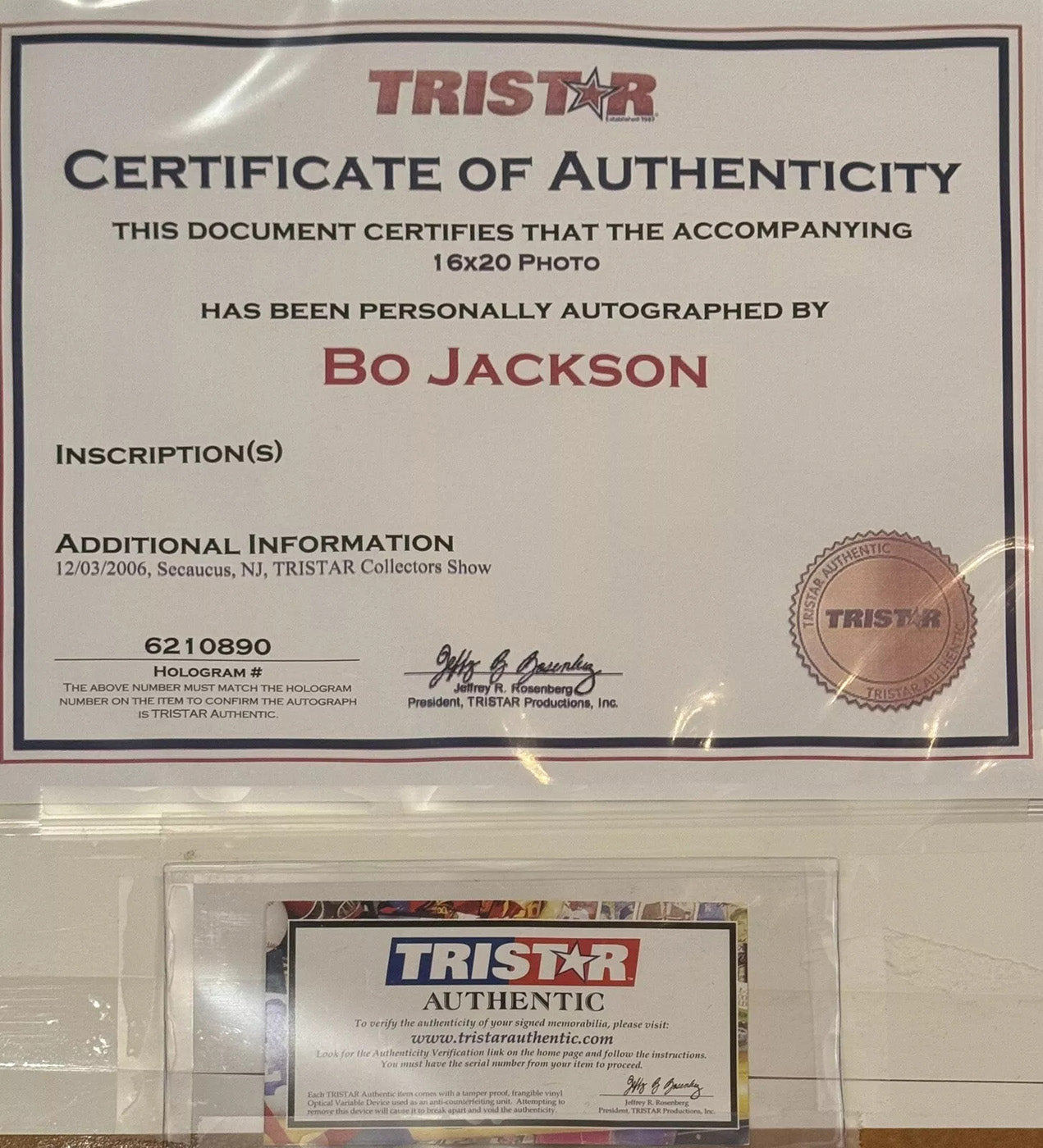 Bo Jackson Signed 16" x 20" Photo, Rare "Bo Knows" Image. TriStar