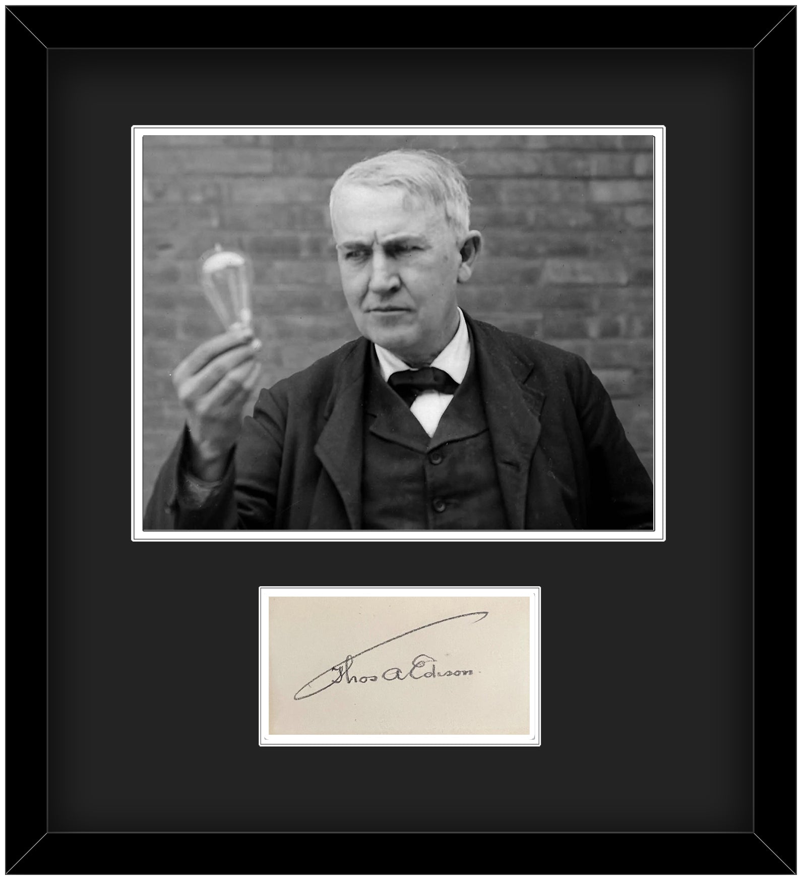 THOMAS EDISON Signed Autograph Card, Framed Display. Famous Umbrella Signature. JSA