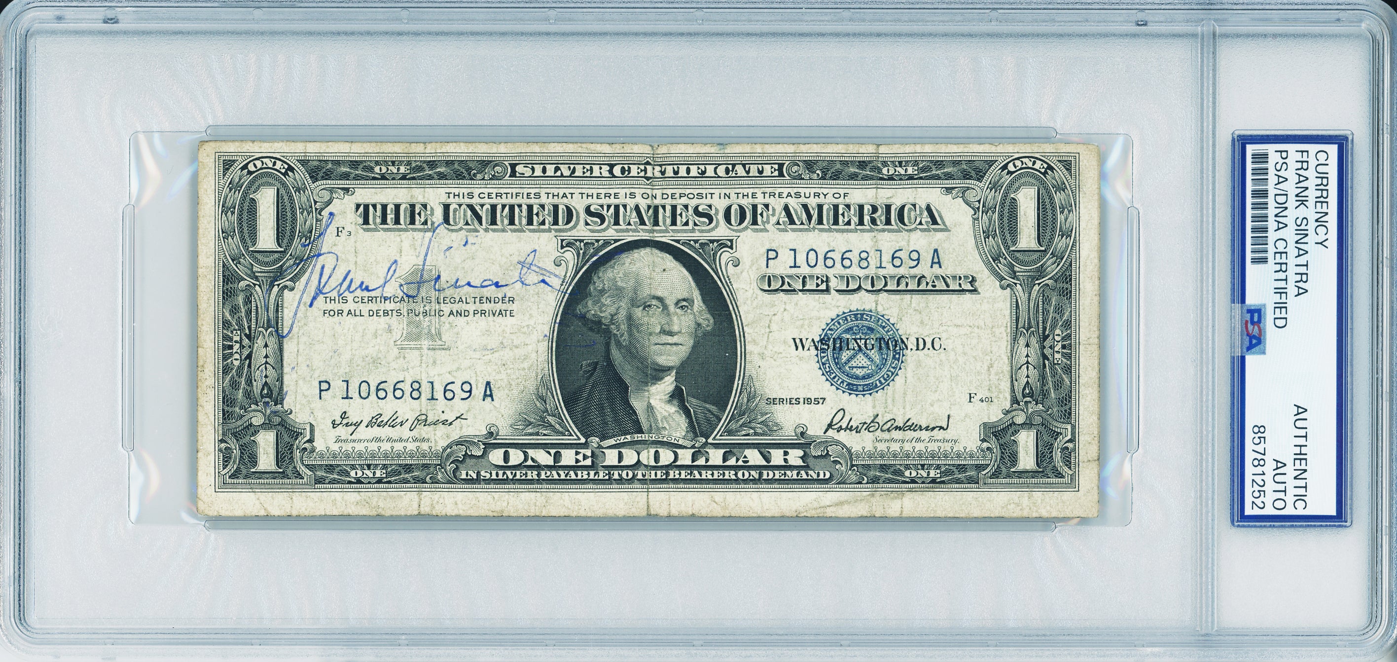 Rare Frank Sinatra Signed $1 Silver Certificate, 1957. Auto PSA