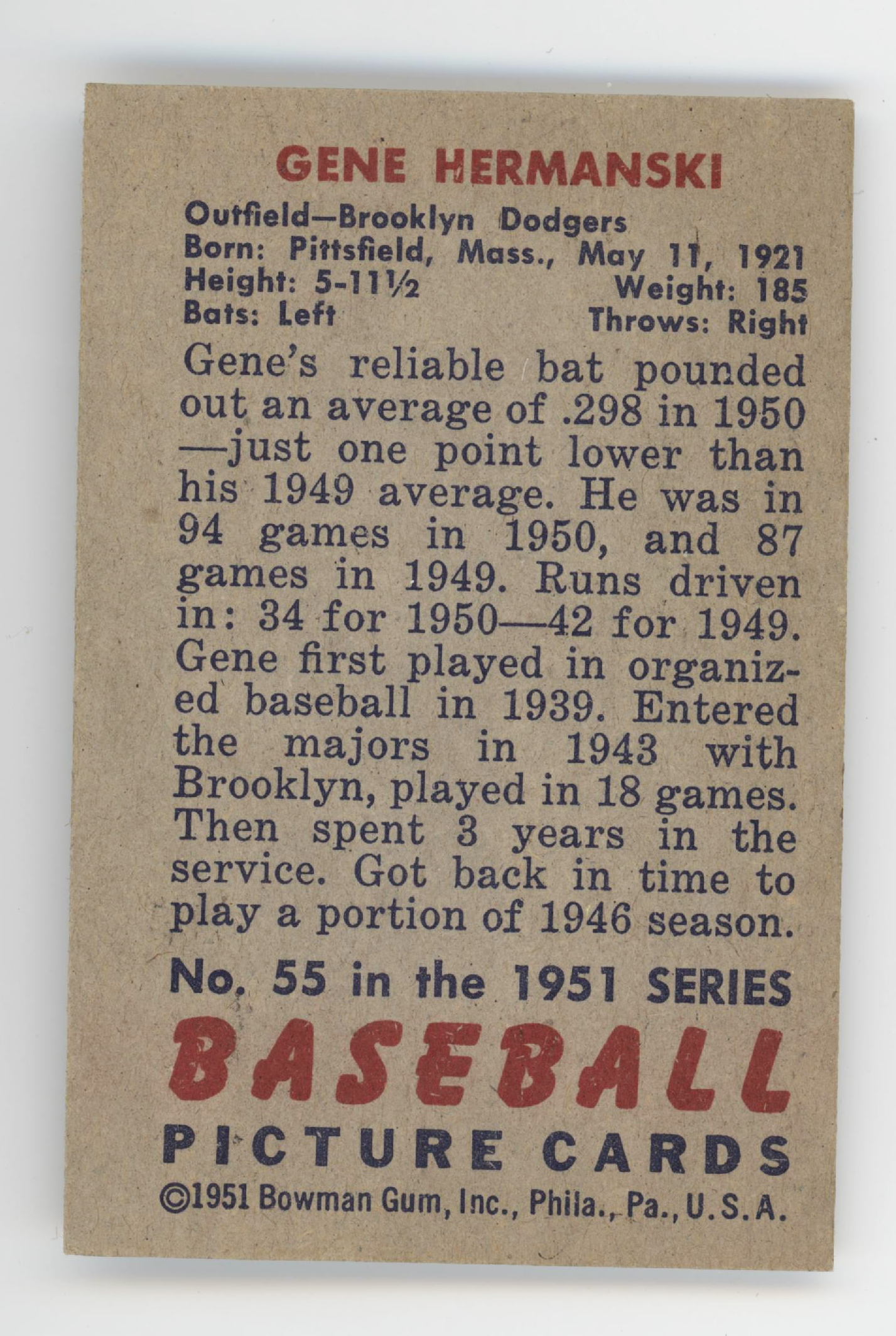 Gene Hermanski 1951 Bowman Trading Card. Brooklyn Dodgers