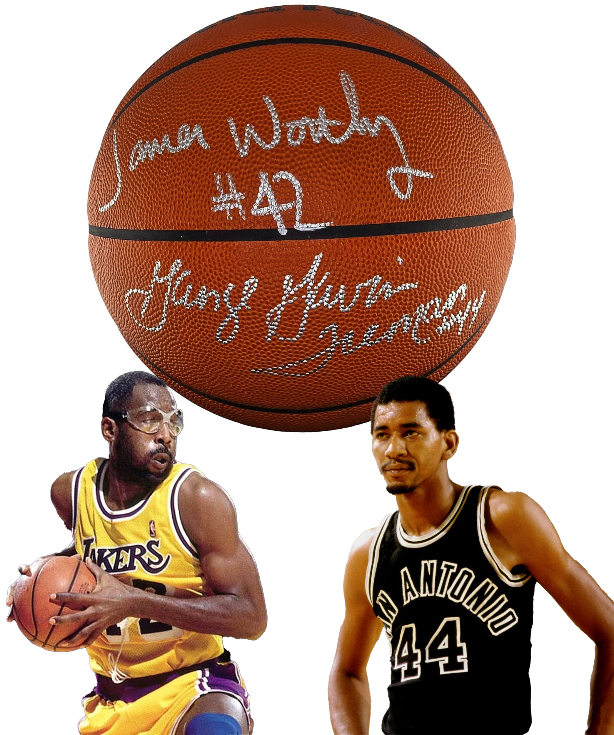 George Gervin & James Worthy Signed & Inscribed Basketball. JSA COA