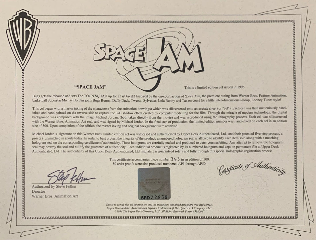 Michael Jordan Signed Space Jam Cel Photo. Auto Upper Deck, UDA Limited Edition