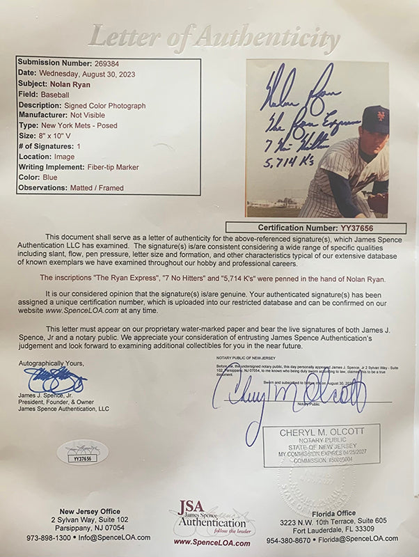 Nolan Ryan Signed and Inscribed 8x10 Stats Photo. Auto JSA