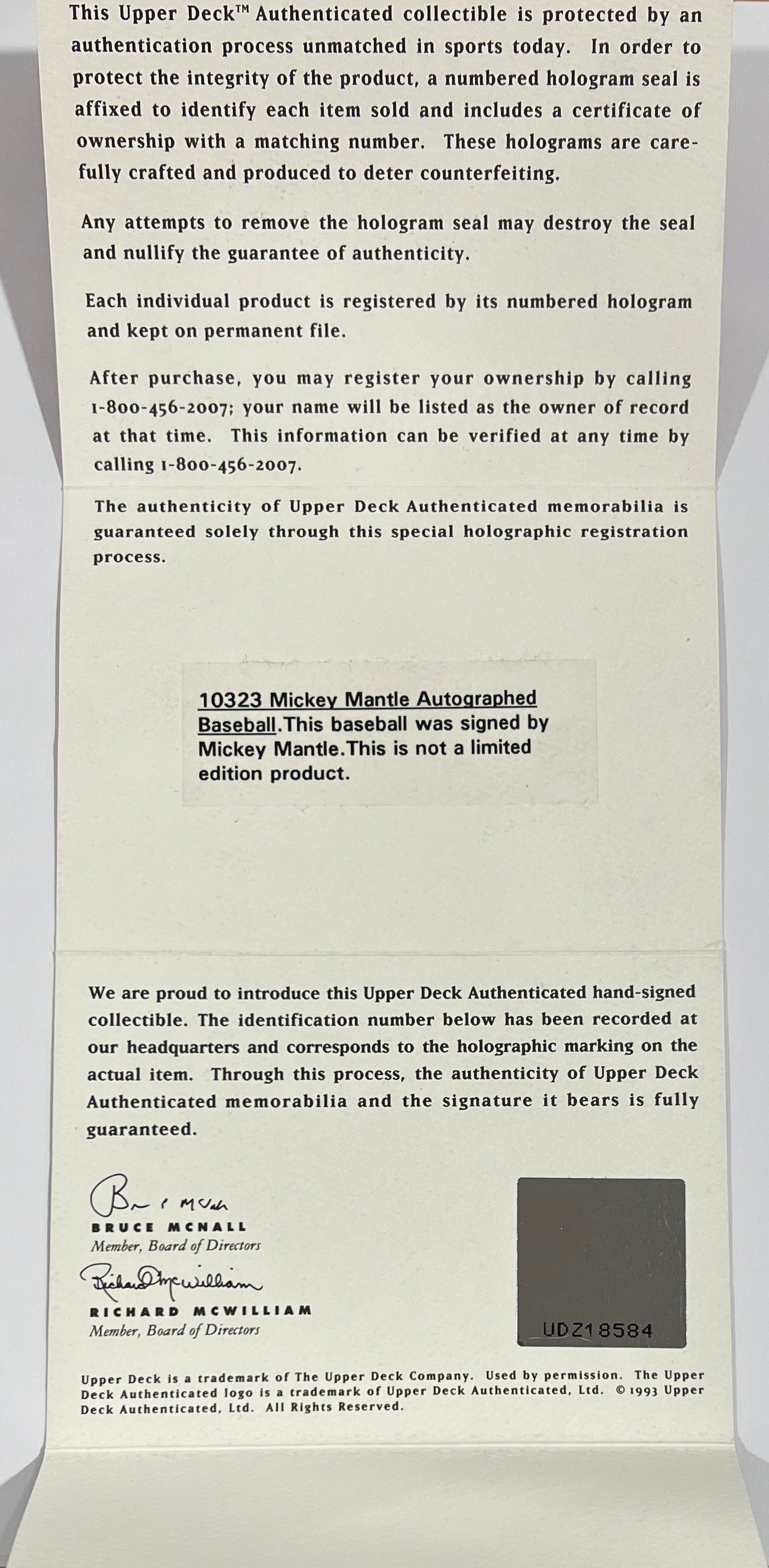 Mickey Mantle Signed Baseball. UDA Authenticated