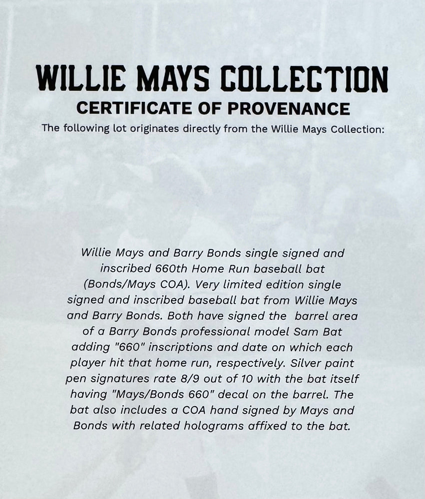 Rare Willie Mays & Barry Bonds Dual Signed Limited Edition Bat from Mays Estate.