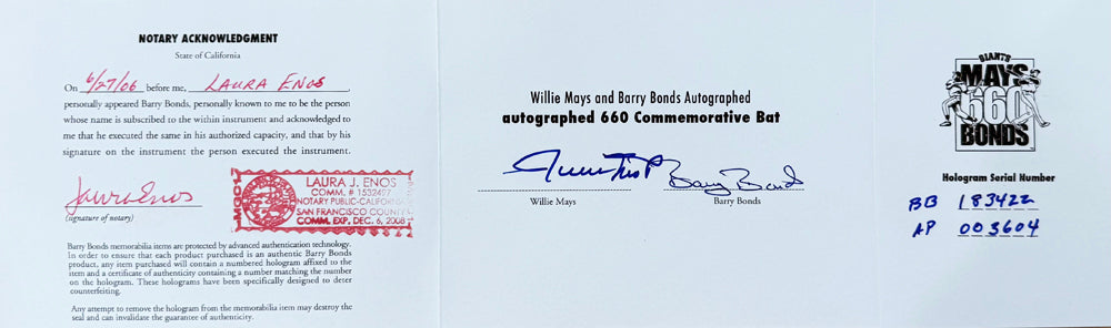 Rare Willie Mays & Barry Bonds Dual Signed Limited Edition Bat from Mays Estate.