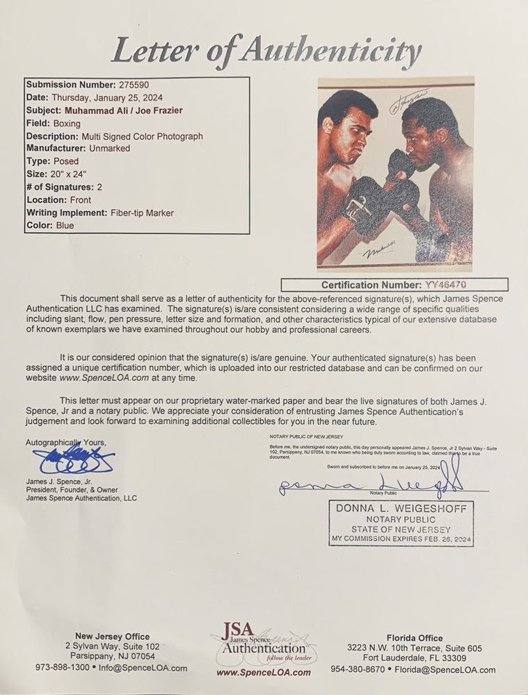 Muhammad Ali and Joe Frazier Dual Signed 16x20 Photo. JSA