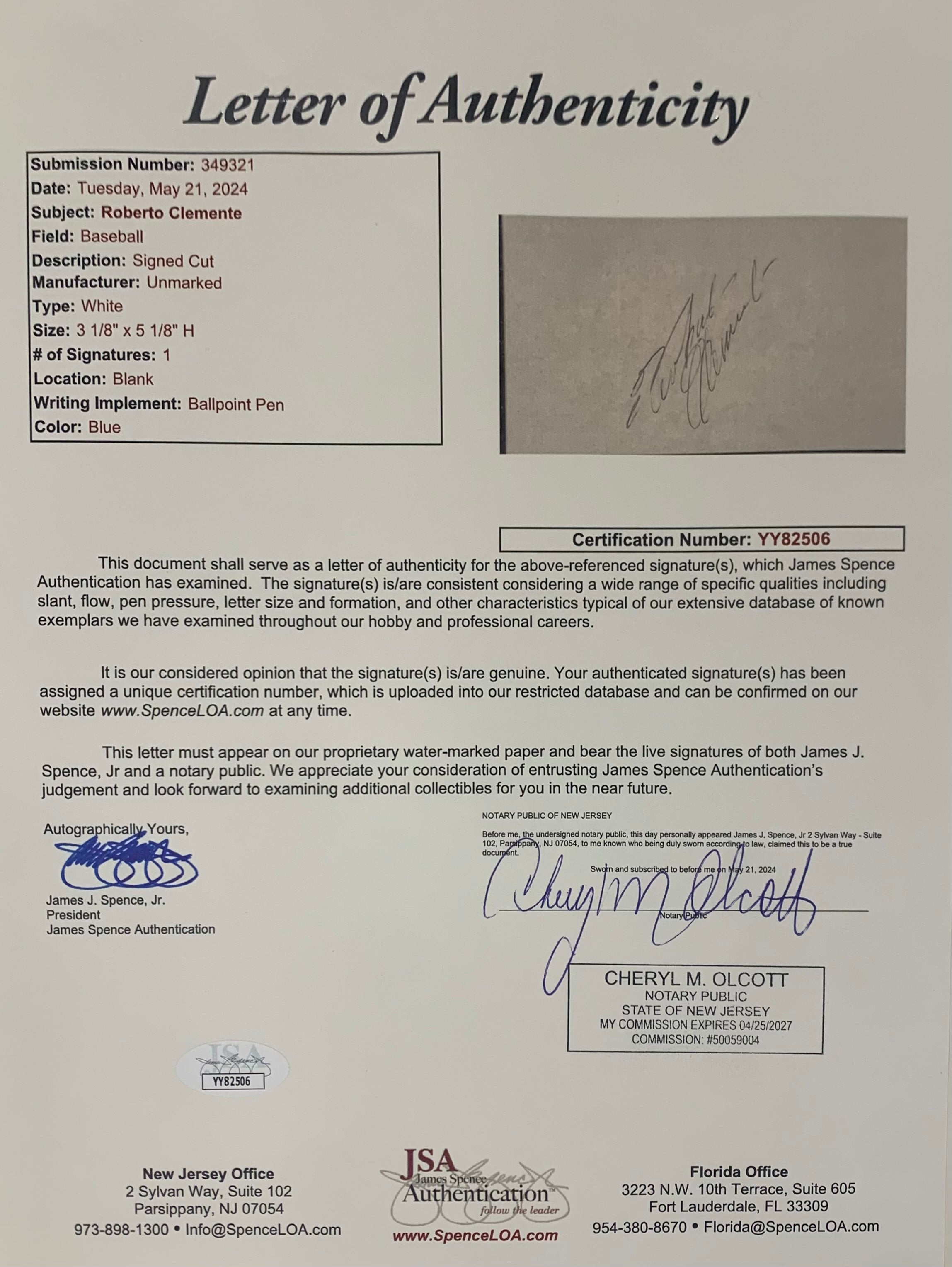 Rare Roberto Clemente Signed Autograph Display, Pittsburgh Pirates. Auto JSA