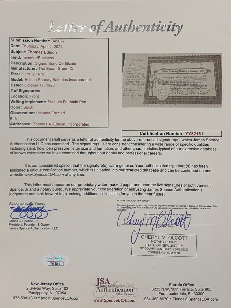 Thomas Edison Battery Company Signed Stock Certificate, 1923. Auto JSA