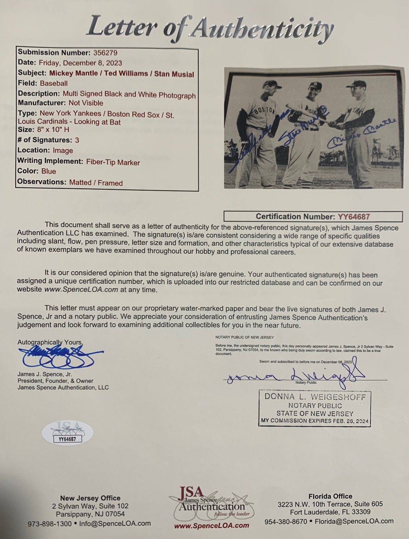 Mickey Mantle, Ted Williams, & Stan Musial Signed 8x10 Photo. Auto JSA