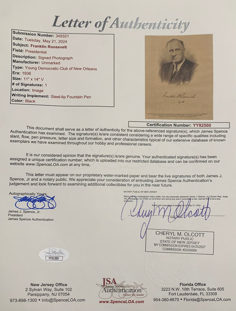 President Franklin Roosevelt FDR Signed Oversized Engraving Portrait Photo. JSA