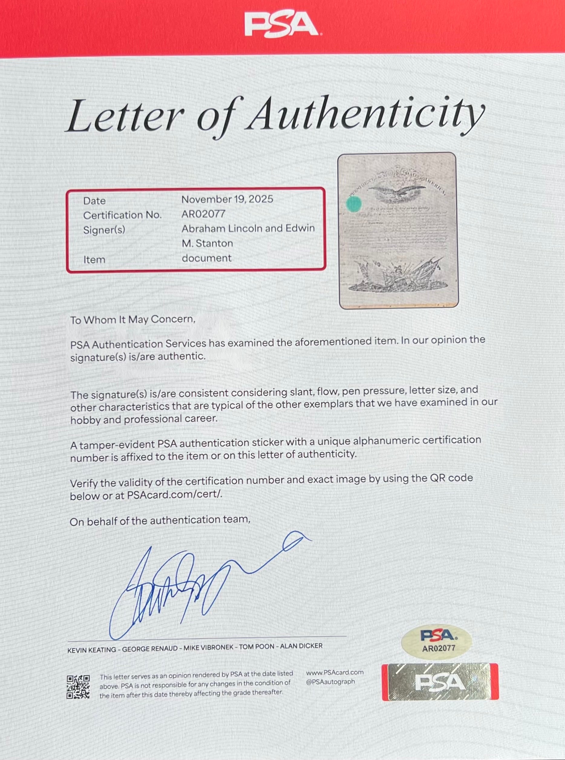 1864 Abraham Lincoln Signed Civil War Document PSA