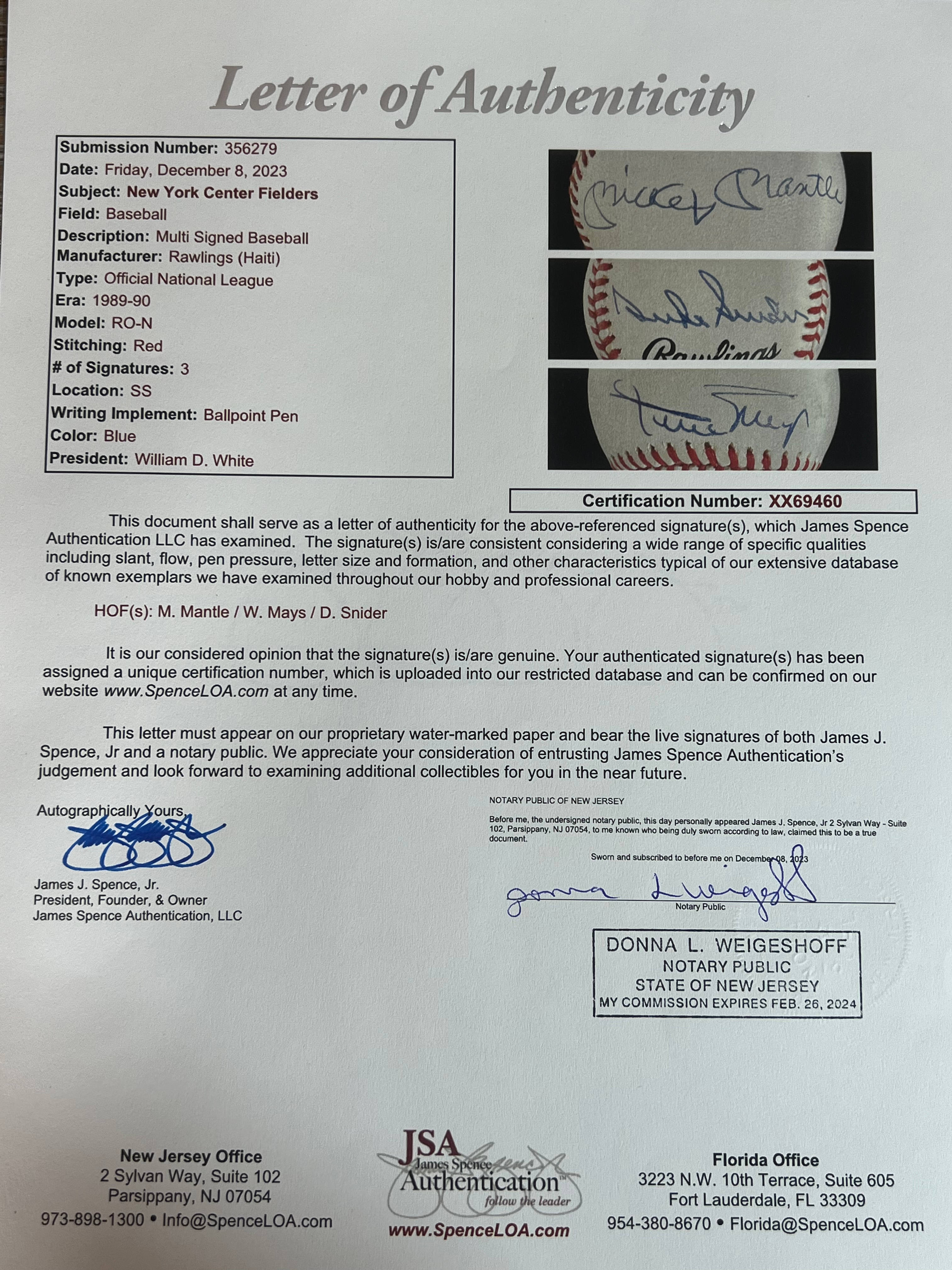 NY Centerfielders Mickey Mantle Willie Mays Duke Snider Signed Baseball JSA Auto