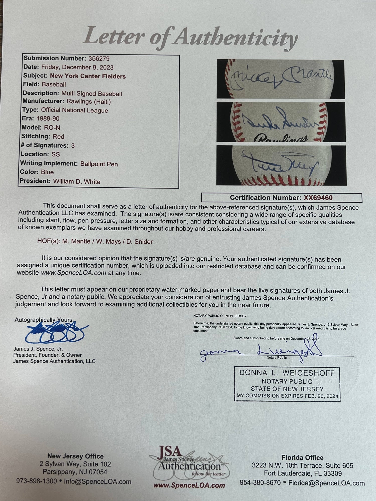 NY Centerfielders Mickey Mantle Willie Mays Duke Snider Signed Baseball JSA Auto