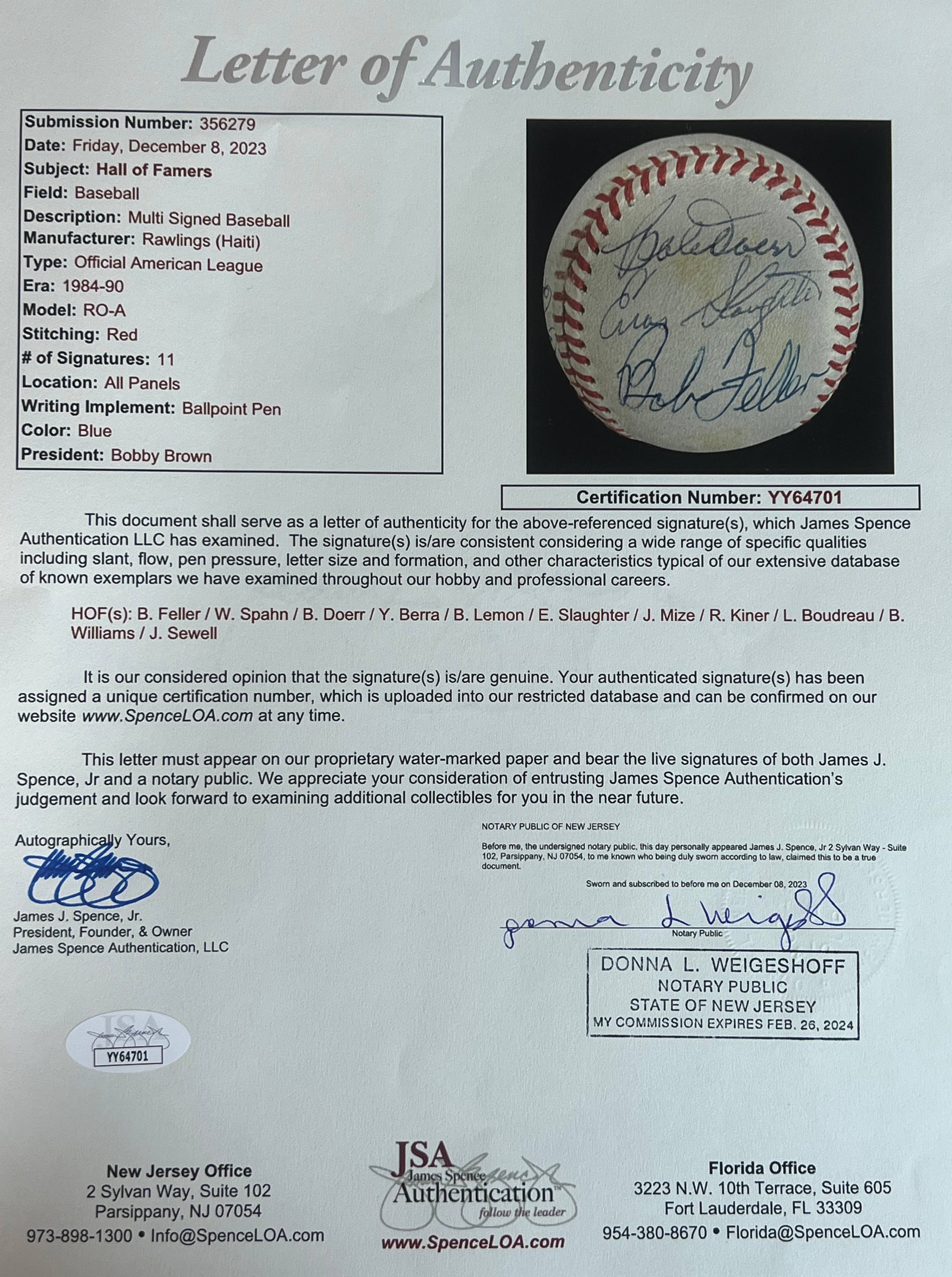 Hall of Fame Multi Signed Baseball. 11 Autographs Spahn Berra Kaline Kiner Sewell, JSA