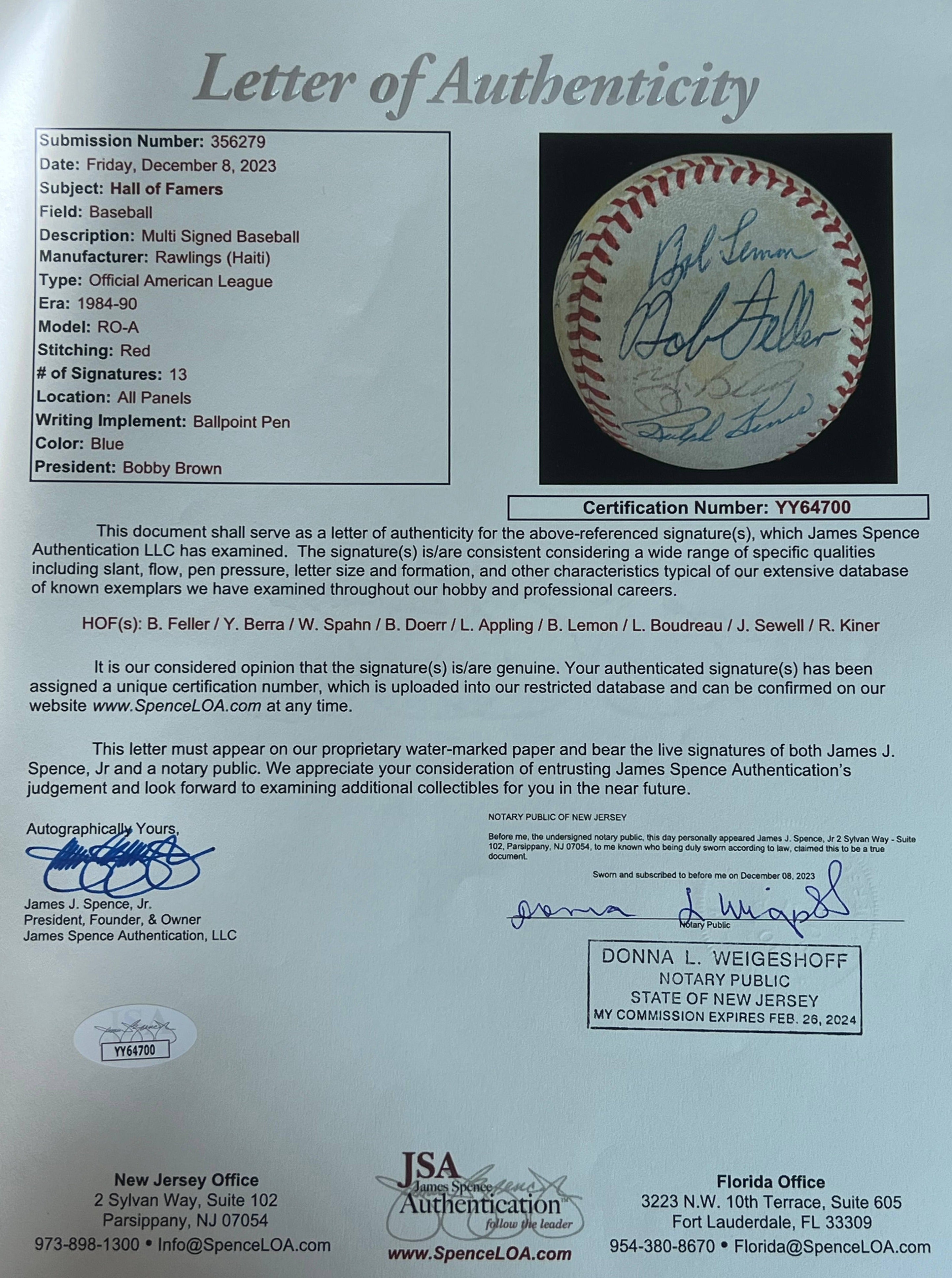 Hall of Fame Multi Signed Baseball. 13 Autographs Spahn Berra Kaline Kiner Sewell. JSA