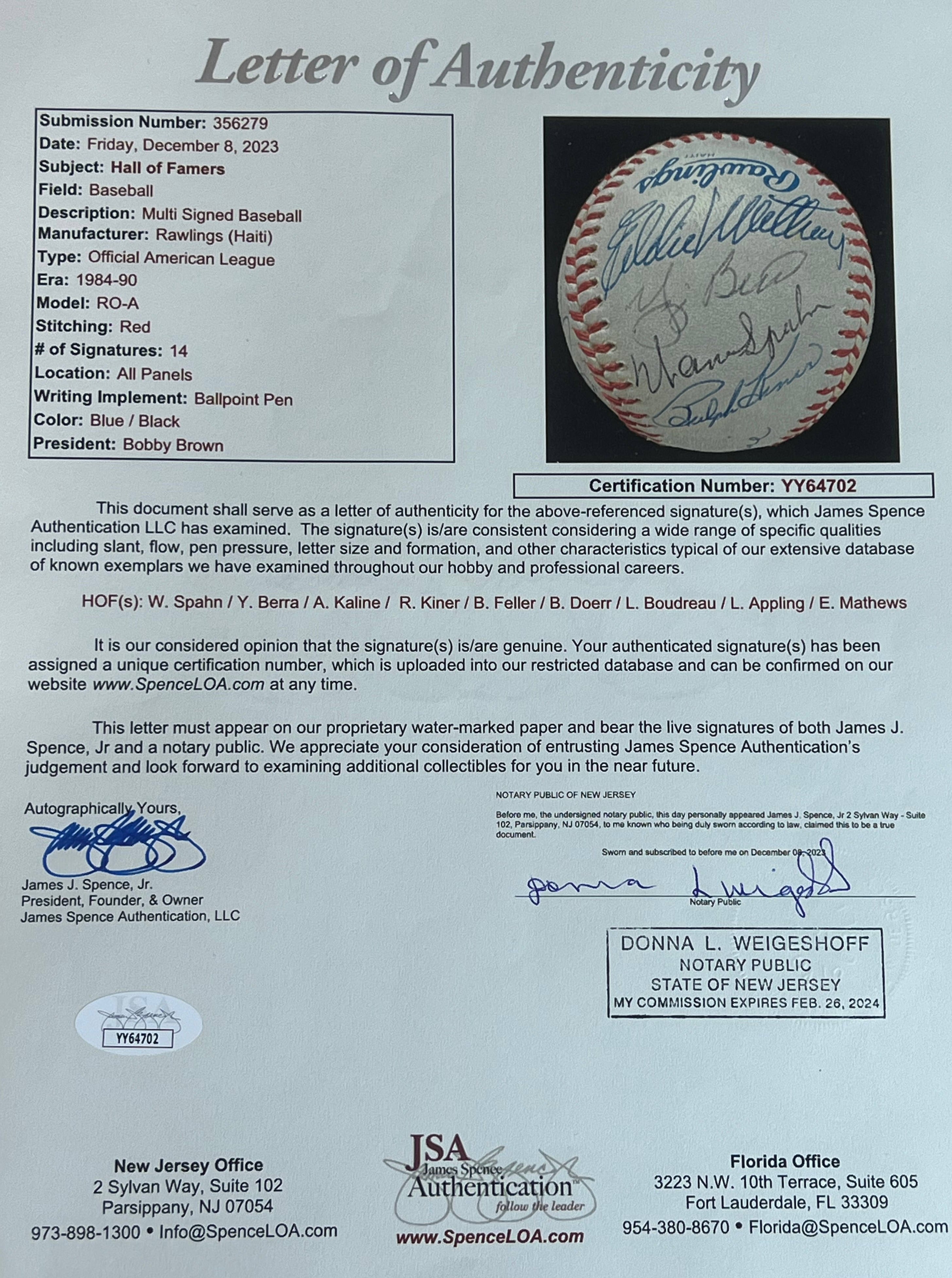 Hall of Fame Multi Signed Baseball. 14 Autographs Mathews, Spahn Berra Kaline Kiner Sewell, JSA