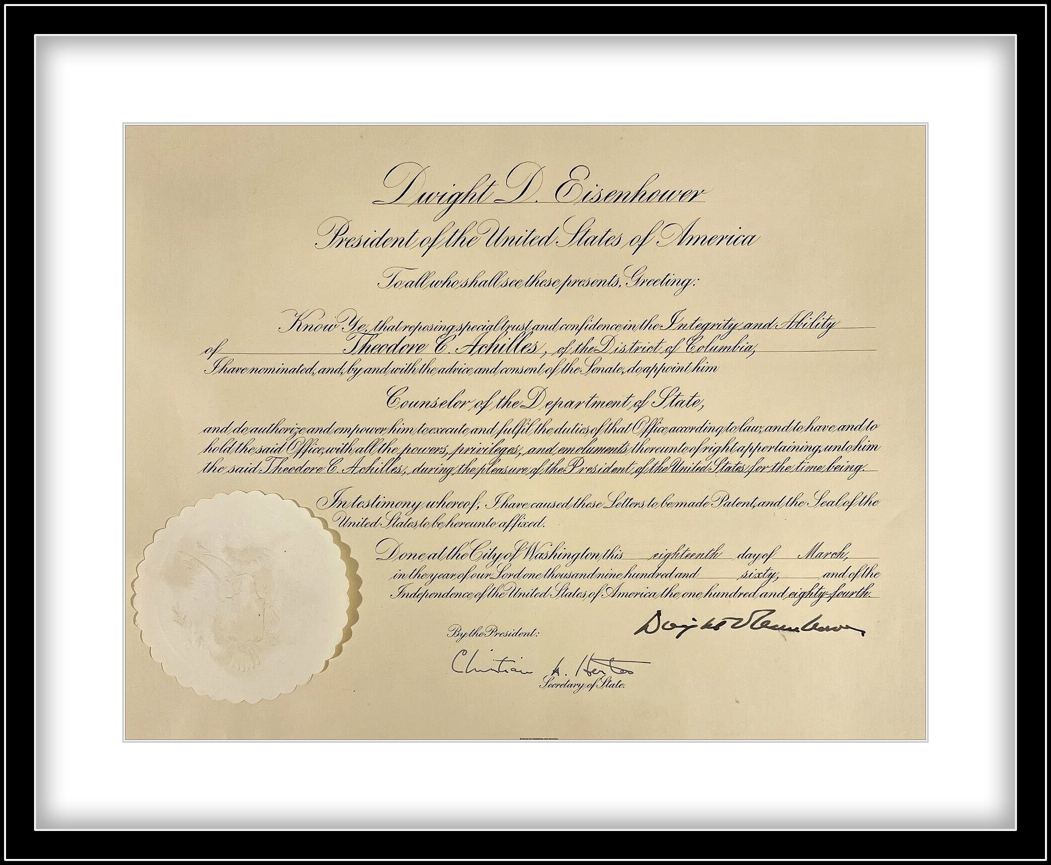 Dwight D. Eisenhower Signed Presidential Appointment Document JSA Auto Signature