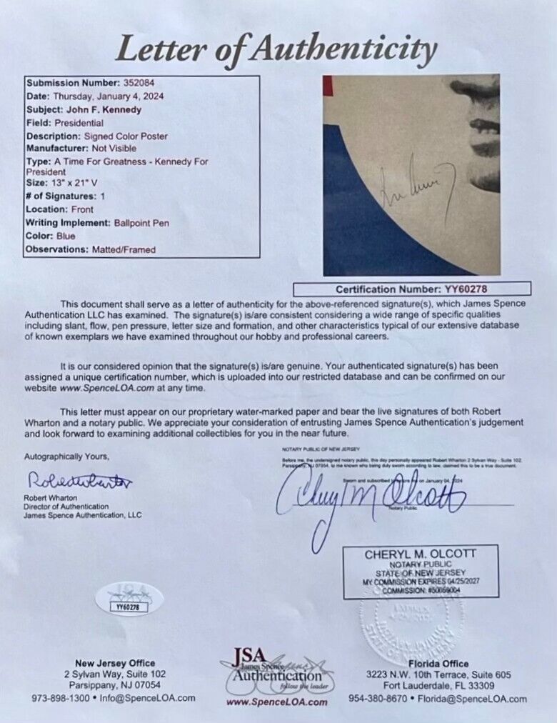 Original 1960 John F Kennedy JFK Signed Presidential Campaign Poster. Auto JSA