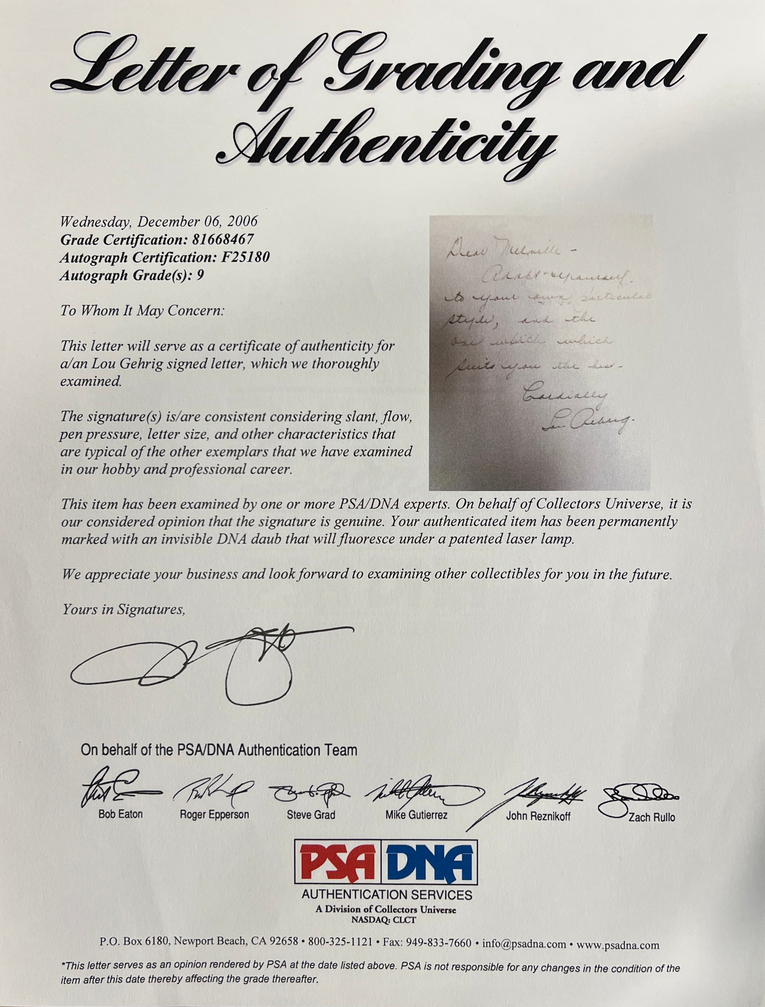 Lou Gehrig Handwritten and Signed Letter Discussing Batting, Rare. PSA Mint 9