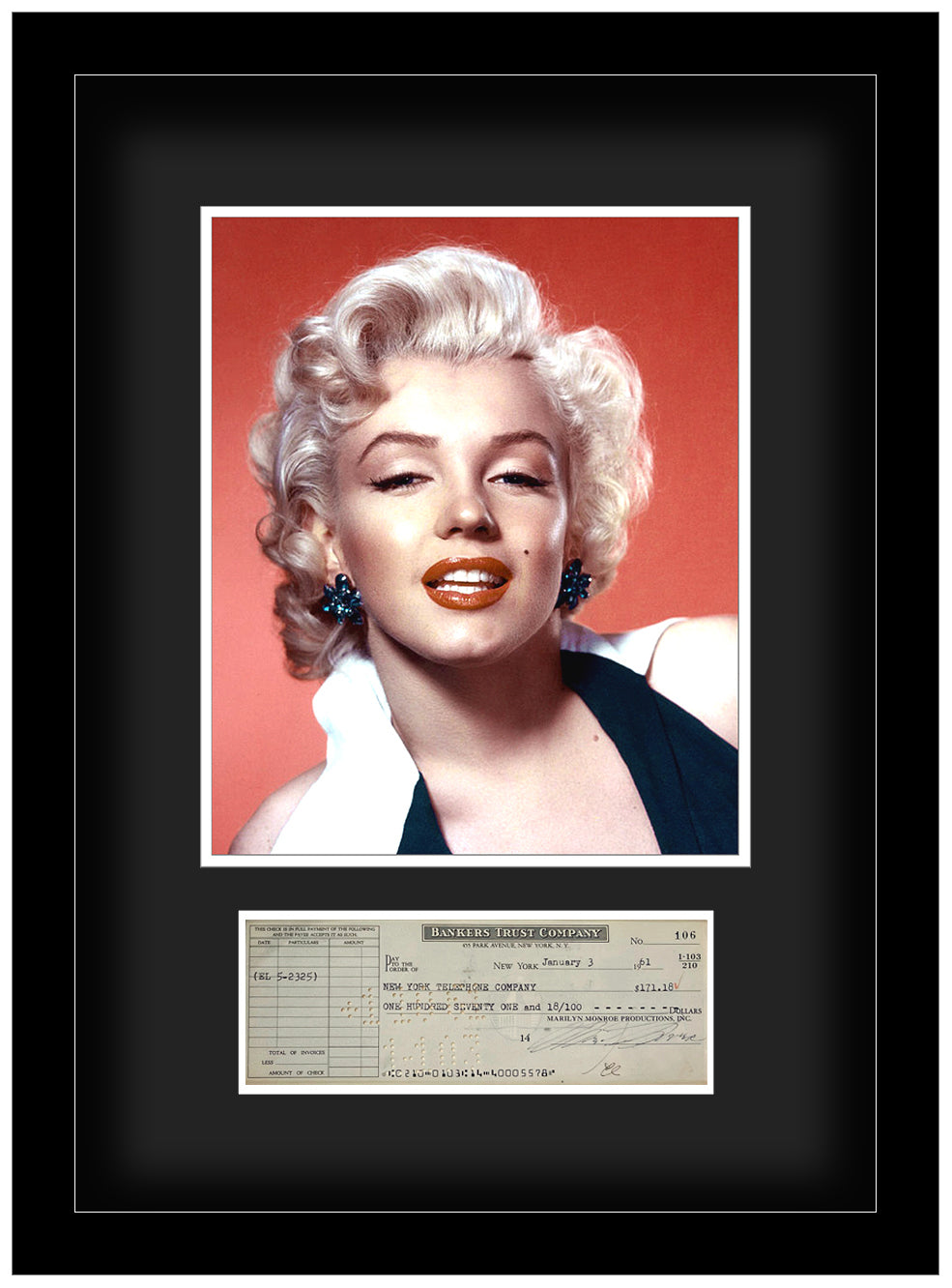 Rare Marilyn Monroe Signed Autograph Display. Signed Check, 1961. Auto JSA
