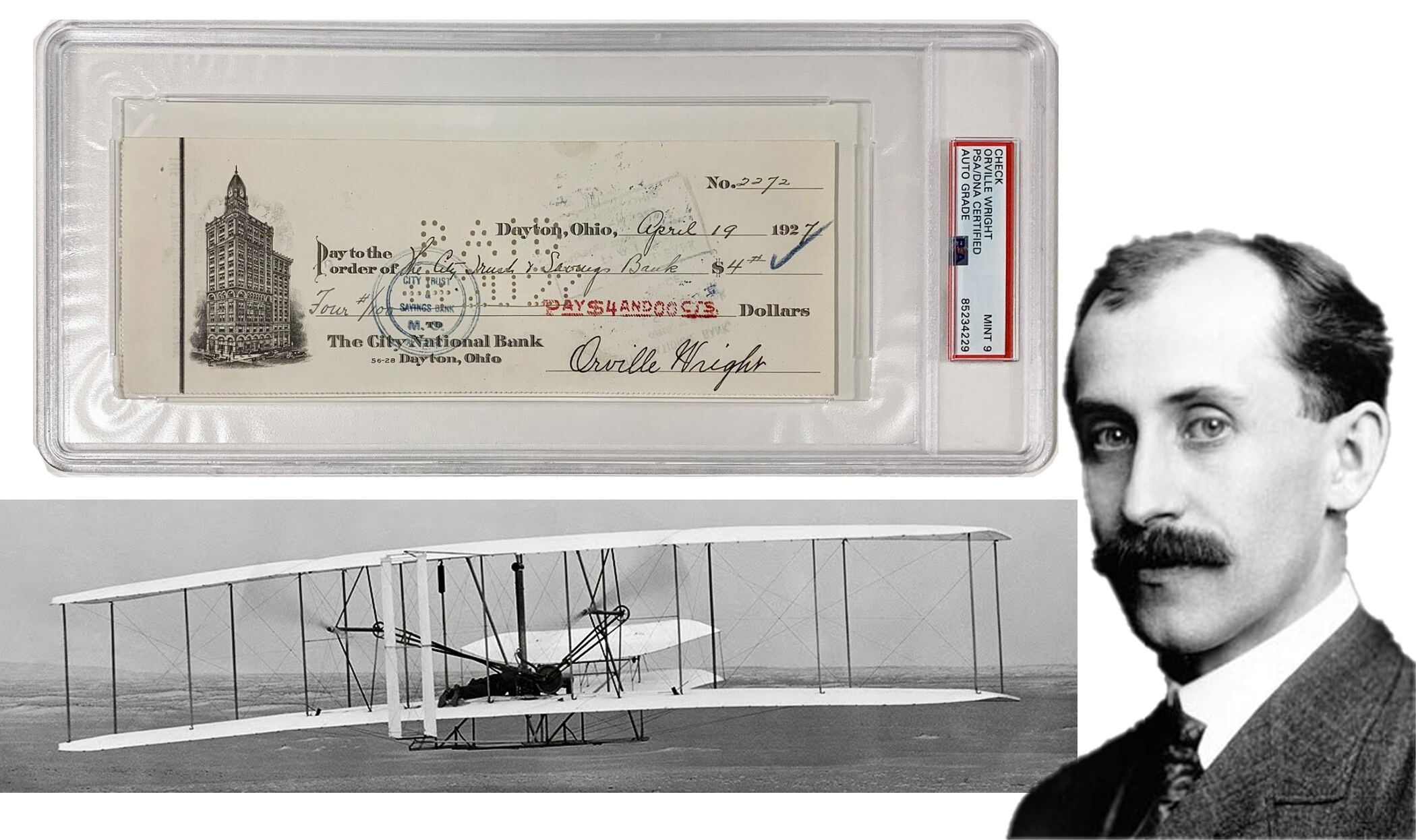 Orville Wright Signed Check, 1927. First in Flight. Auto PSA Mint 9