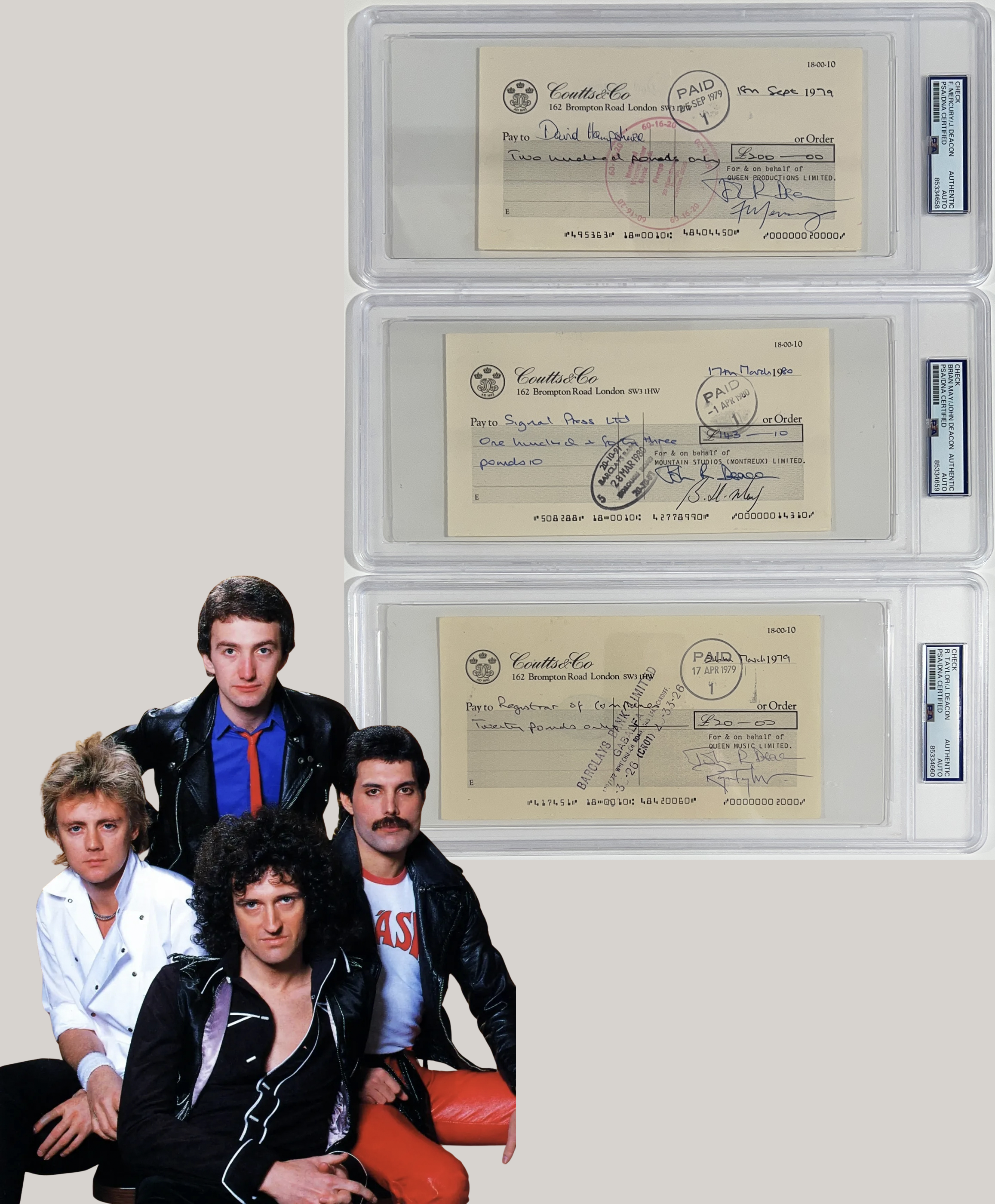 Rare Freddie Mercury & Queen Signed Checks, Lot of 3. Auto PSA