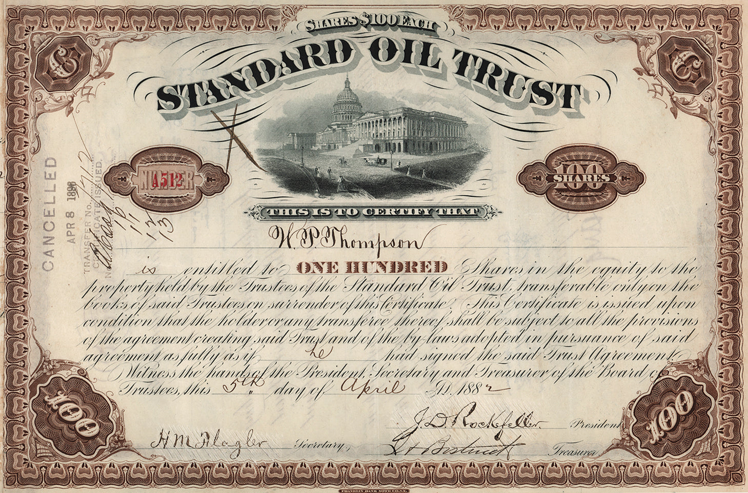 John D. Rockefeller Signed Standard Oil Trust Stock Certificate.