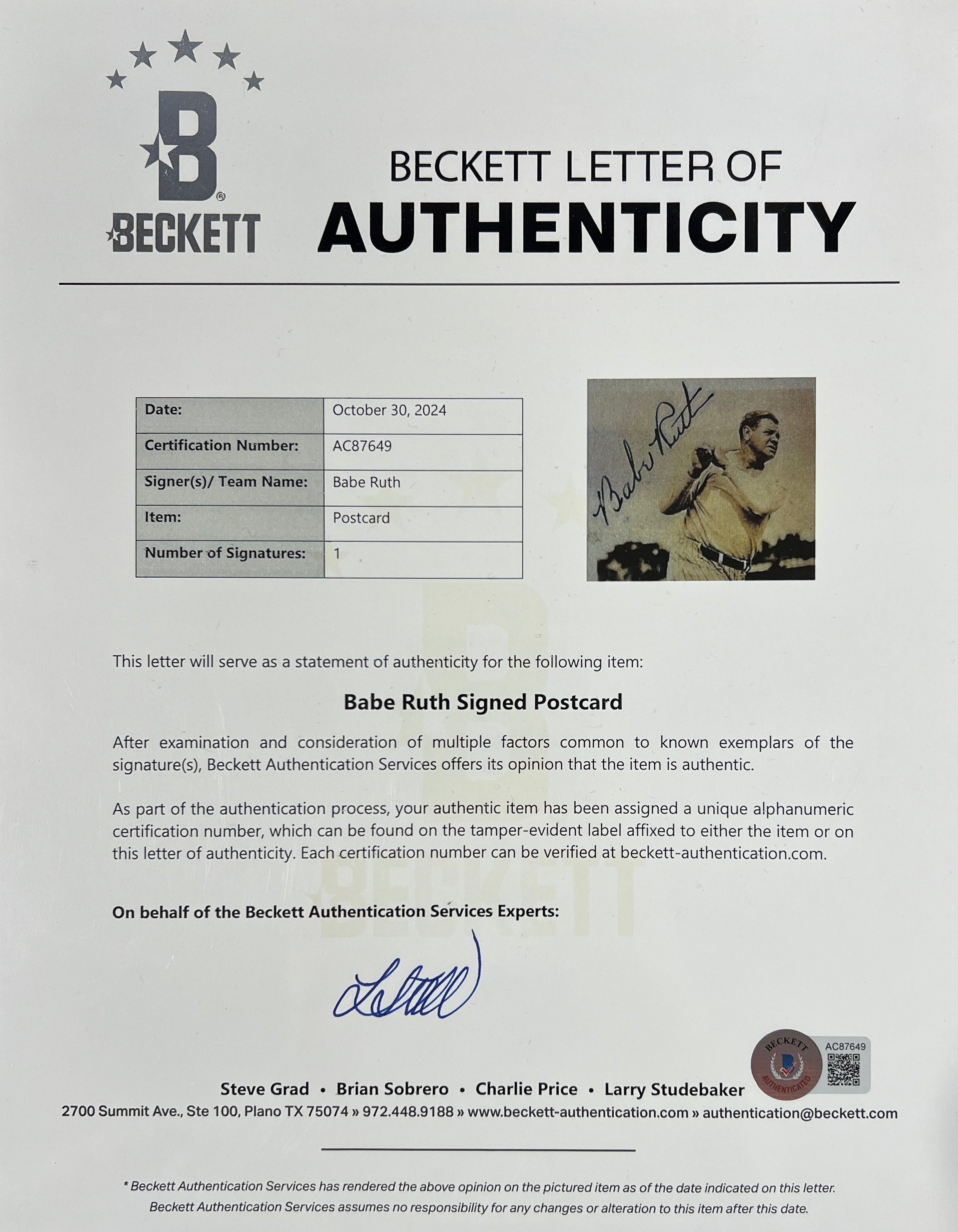 Babe Ruth Signed Postcard