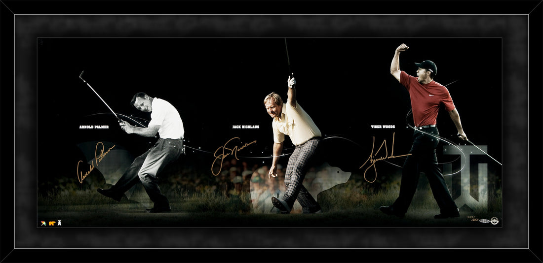 Tiger Woods, Jack Nicklaus, Arnold Palmer Signed Photo. Upper Deck Limited Edition