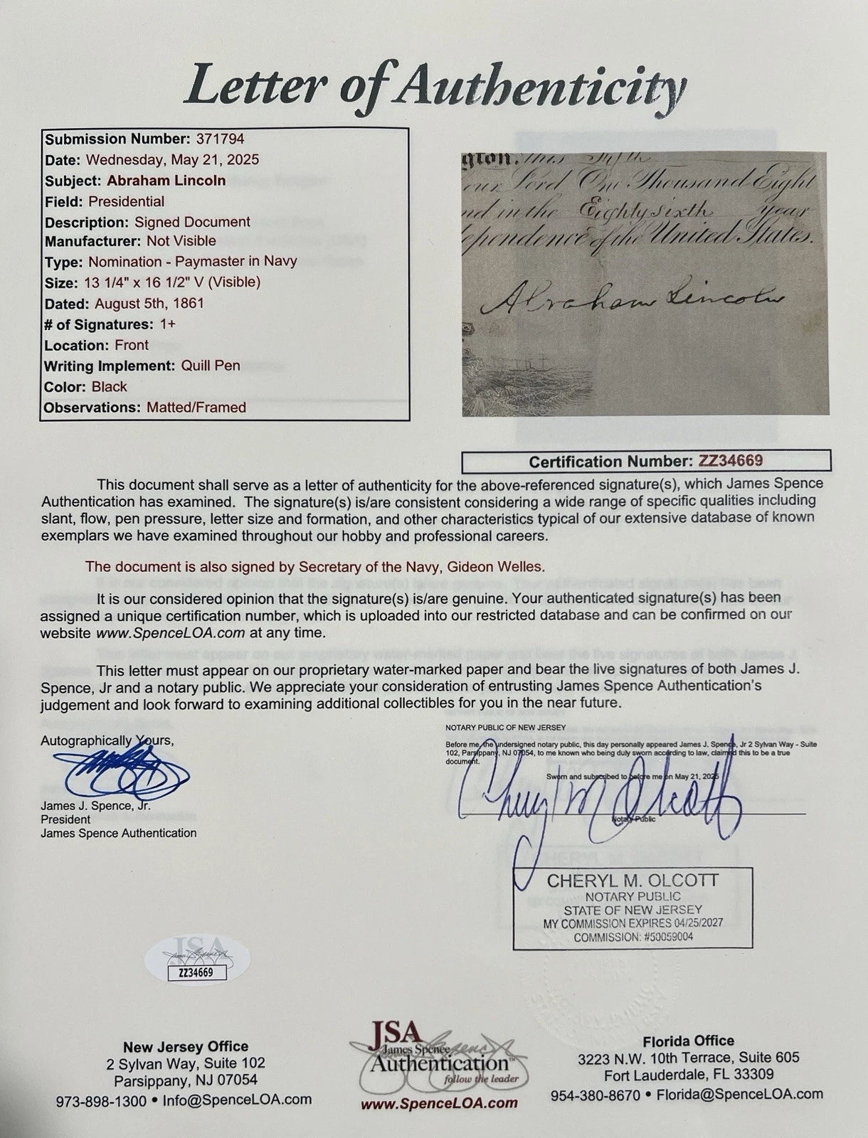 President Abraham Lincoln Signed 1861 Civil War Navy Appointment. JSA