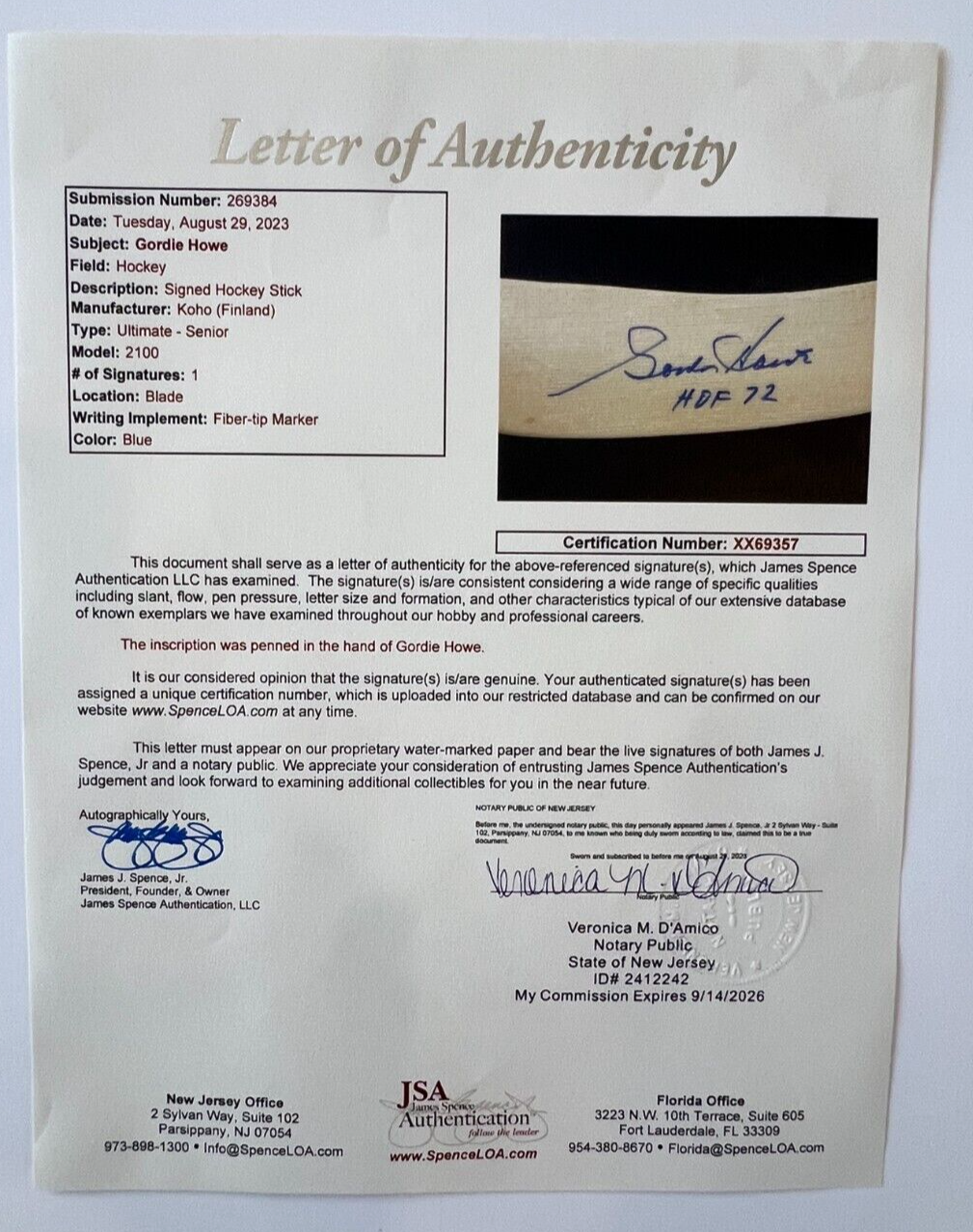 Gordie Howe HOF 1972 Inscription Signed Hockey Stick Koho Ultimate Auto JSA