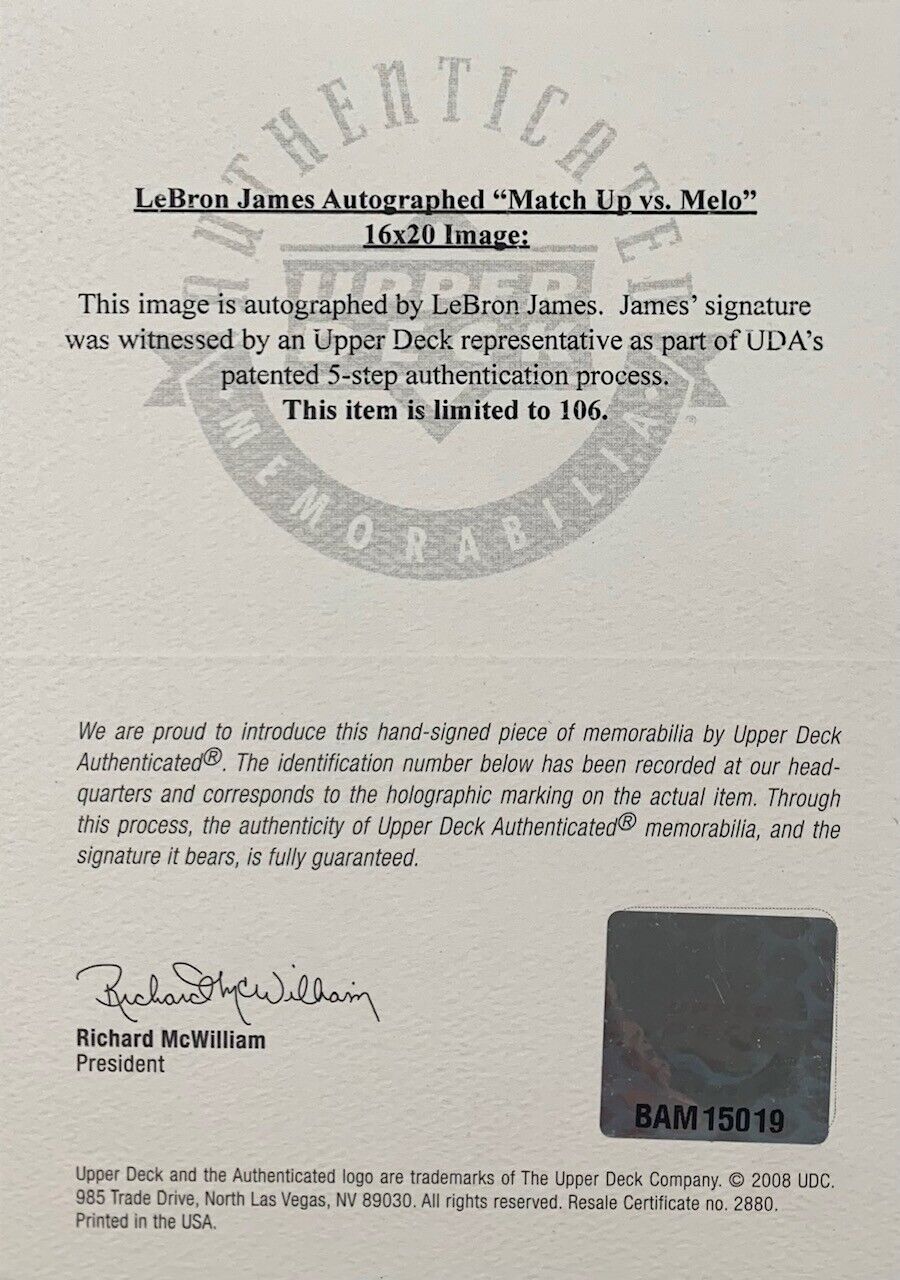 LeBron James Signed 16x20 Photo vs Carmelo. Auto UDA Upper Deck Limited Edition