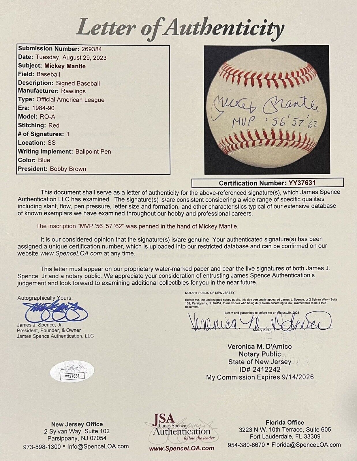 Mickey Mantle Signed Baseball Inscribed, MVP &