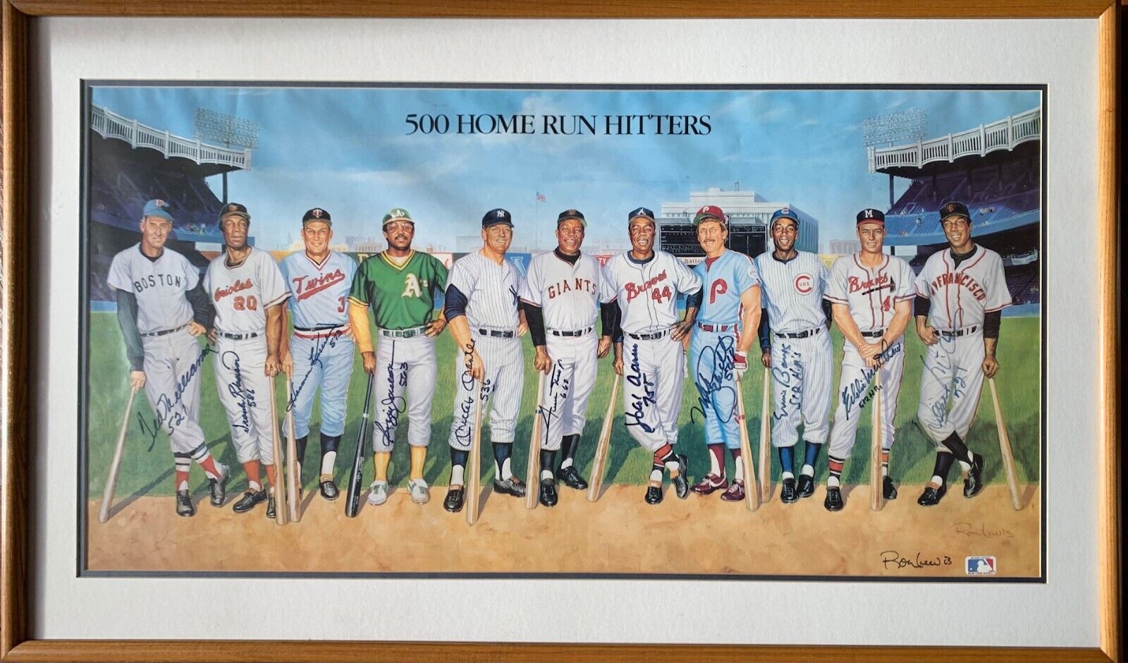 500 Home Run Club Signed & Inscribed Lithograph. 11 Sigs with HR Totals. JSA