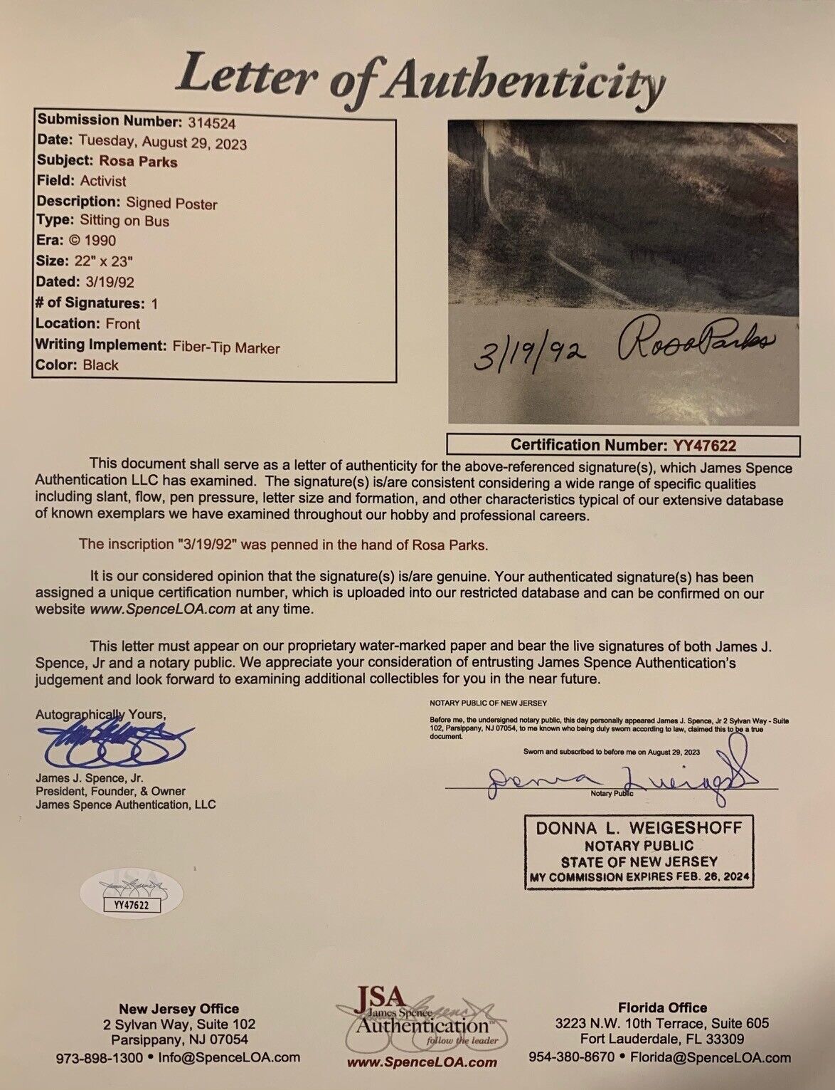 Rosa Parks Signed Original Poster, Sitting on Bus. Civil Rights Movement. JSA