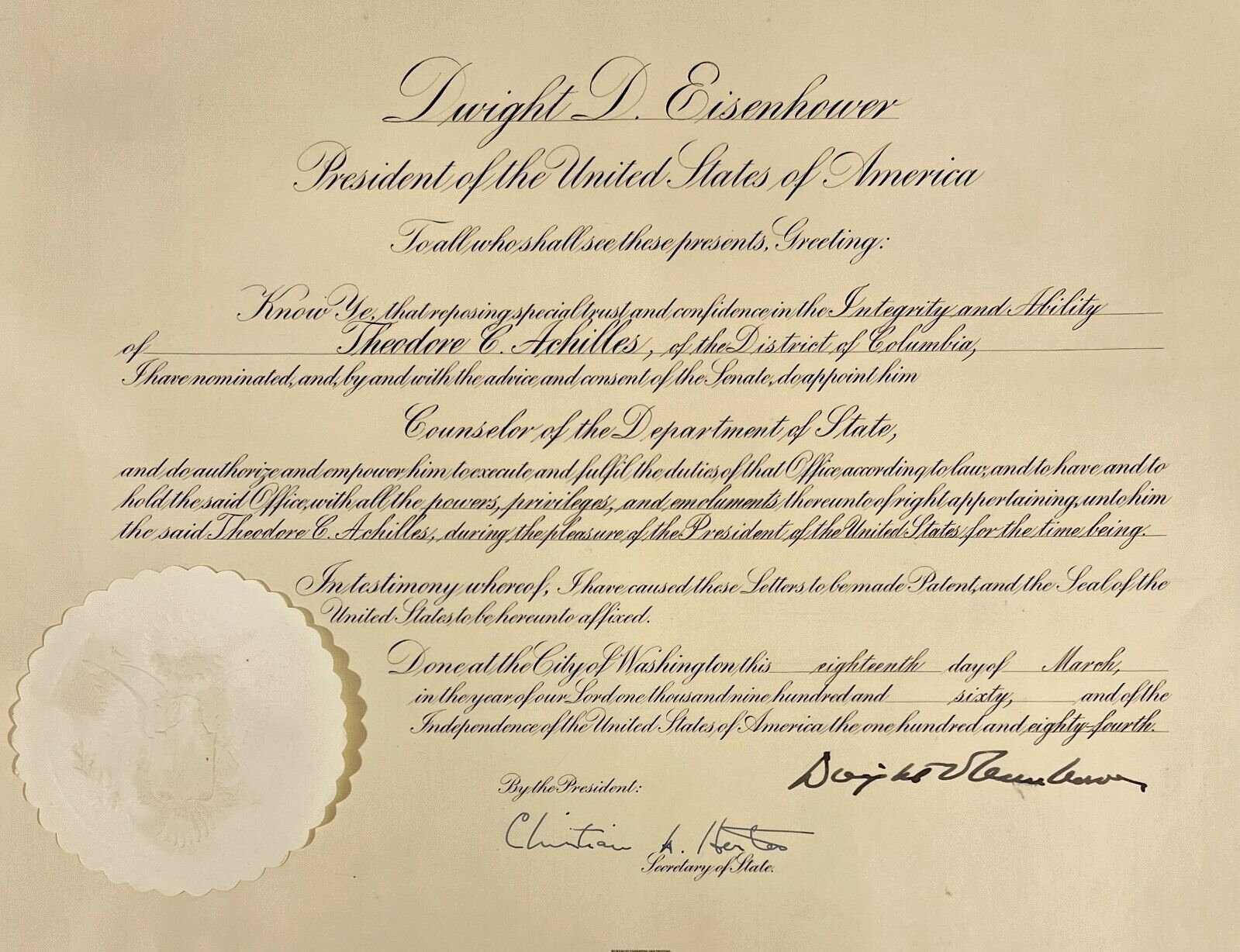 Dwight D. Eisenhower Signed Presidential Appointment Document JSA Auto Signature