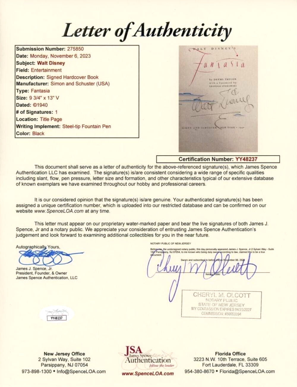 Rare WALT DISNEY Signed Fantasia Book Large Autograph Signature. JSA LOA