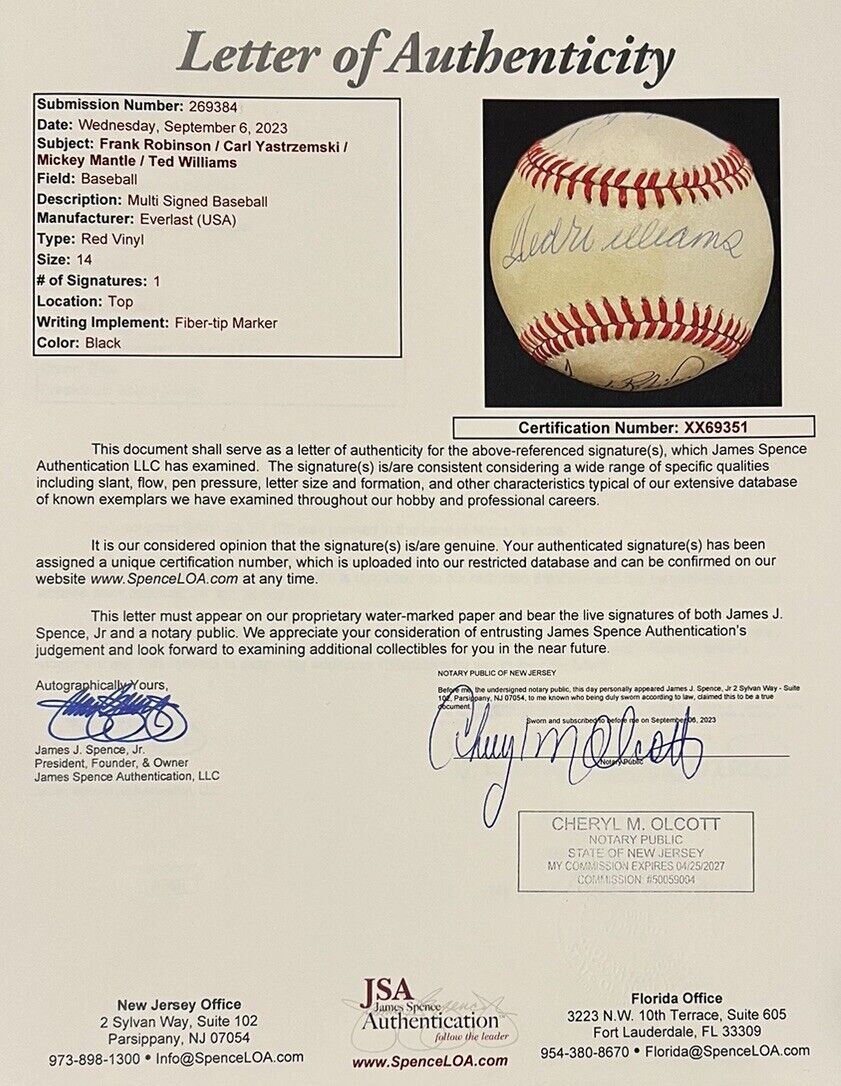 Mickey Mantle Ted Williams Signed Baseball Triple Crown Yastrzemski Robinson JSA